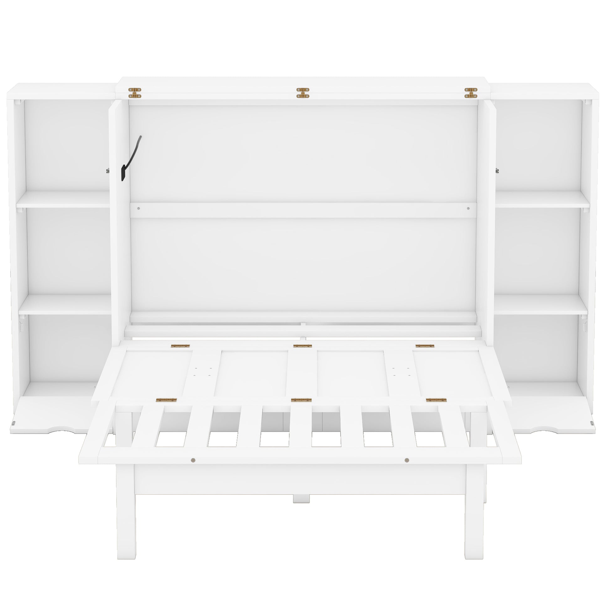 White wall bed with open shelving and folddown desk