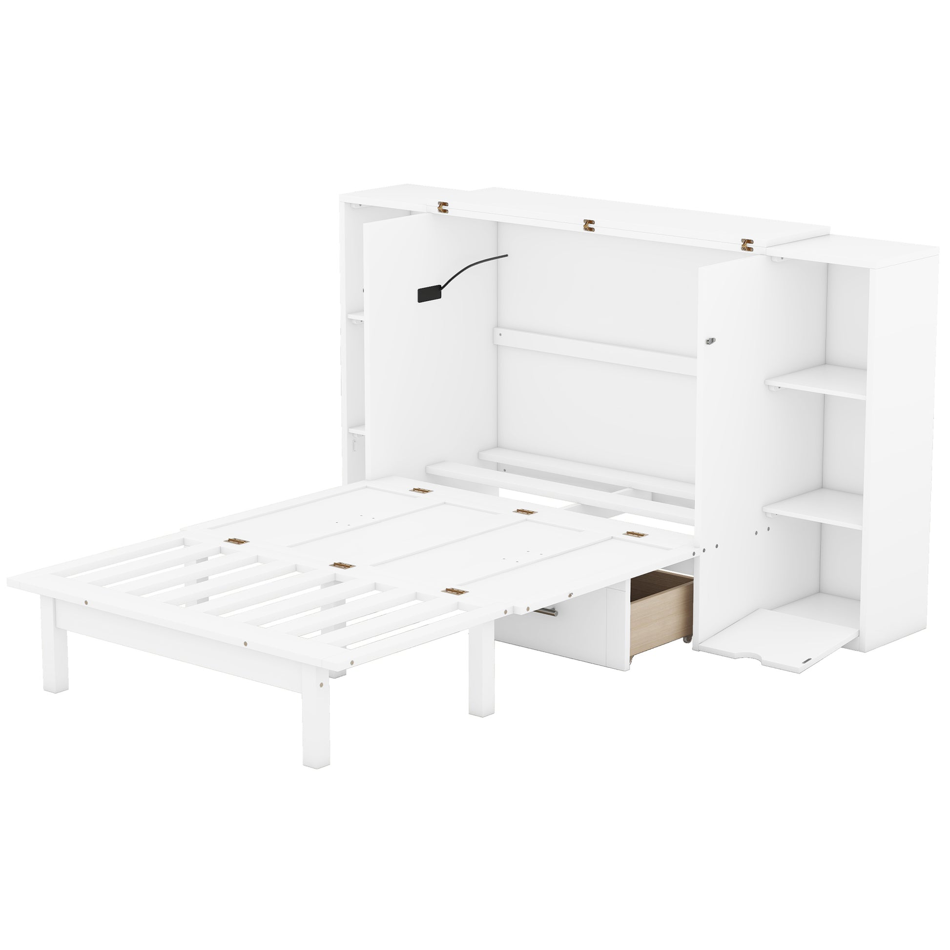 White murphy bed frame with shelves and open drawer