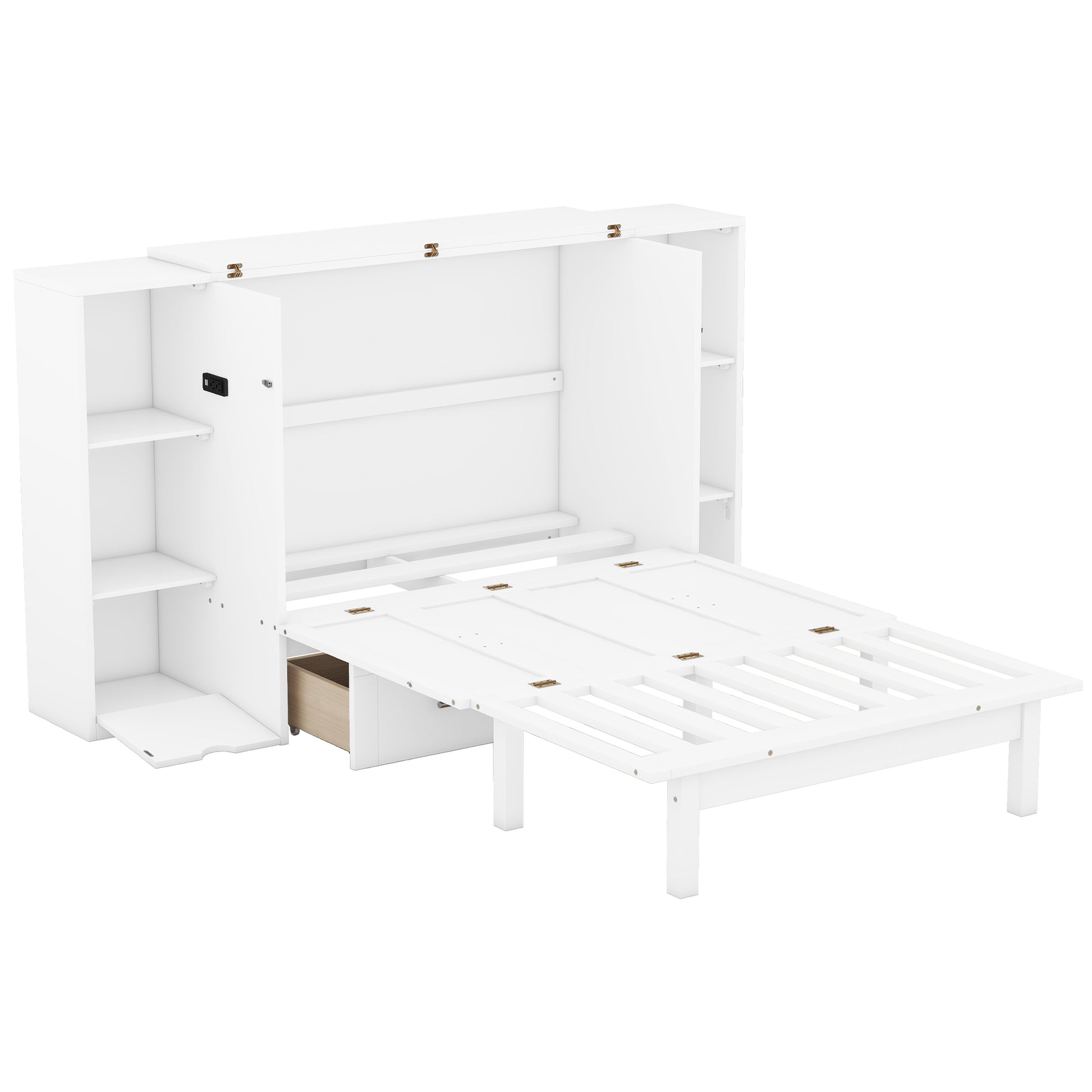 White convertible sofa bed with storage shelves and charging station