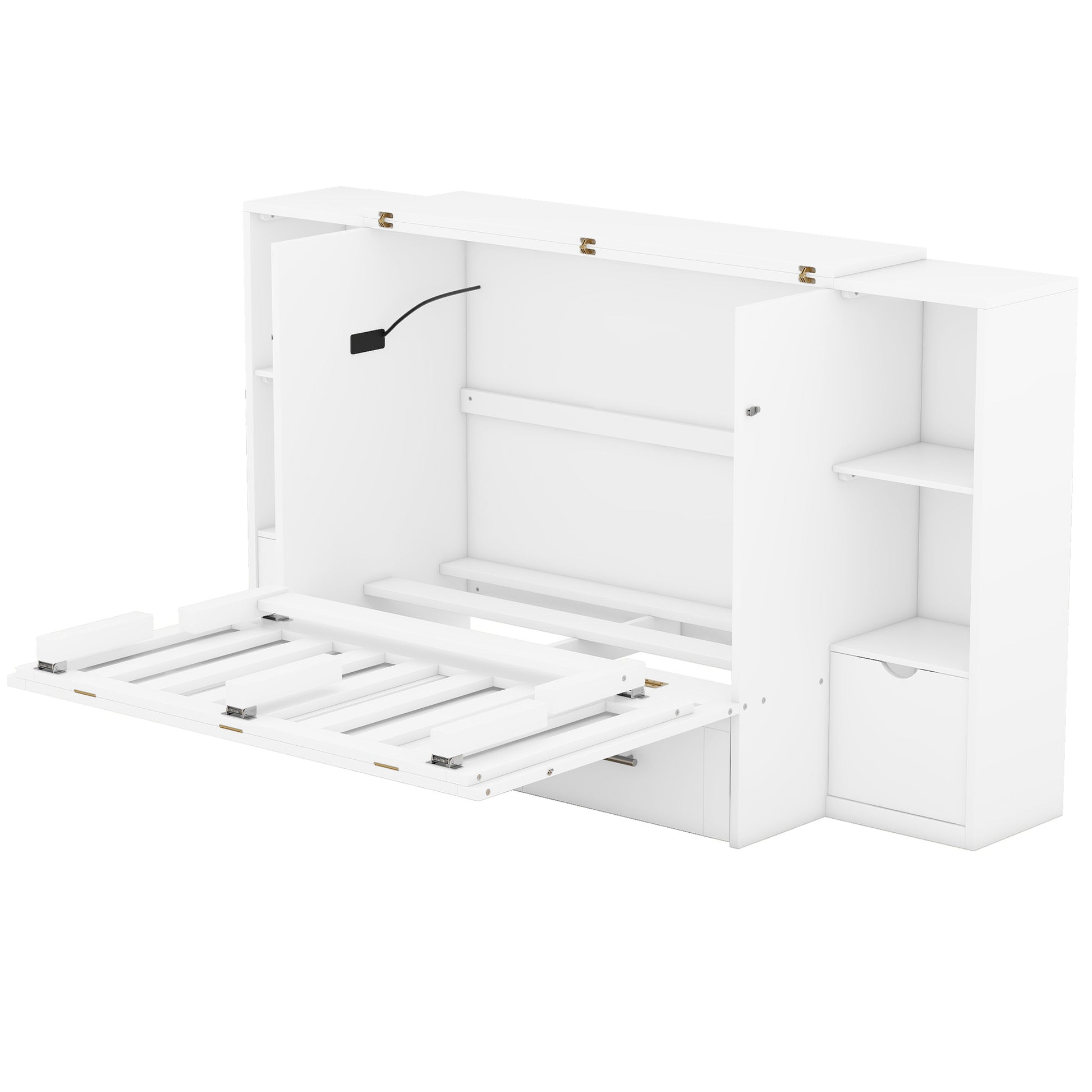 White Murphy bed with integrated shelving and drawer unit