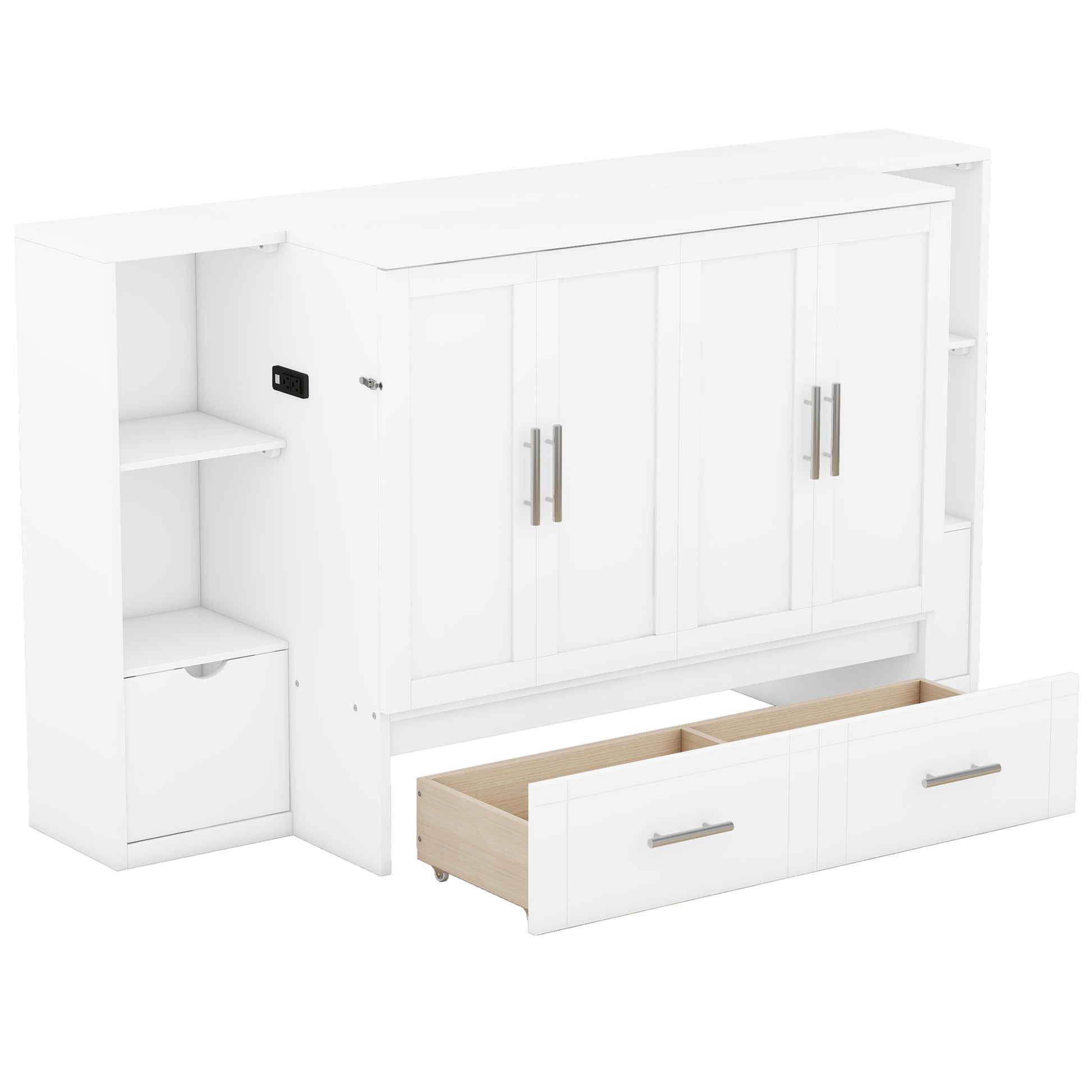 White Murphy bed cabinet with drawers and builtin shelving