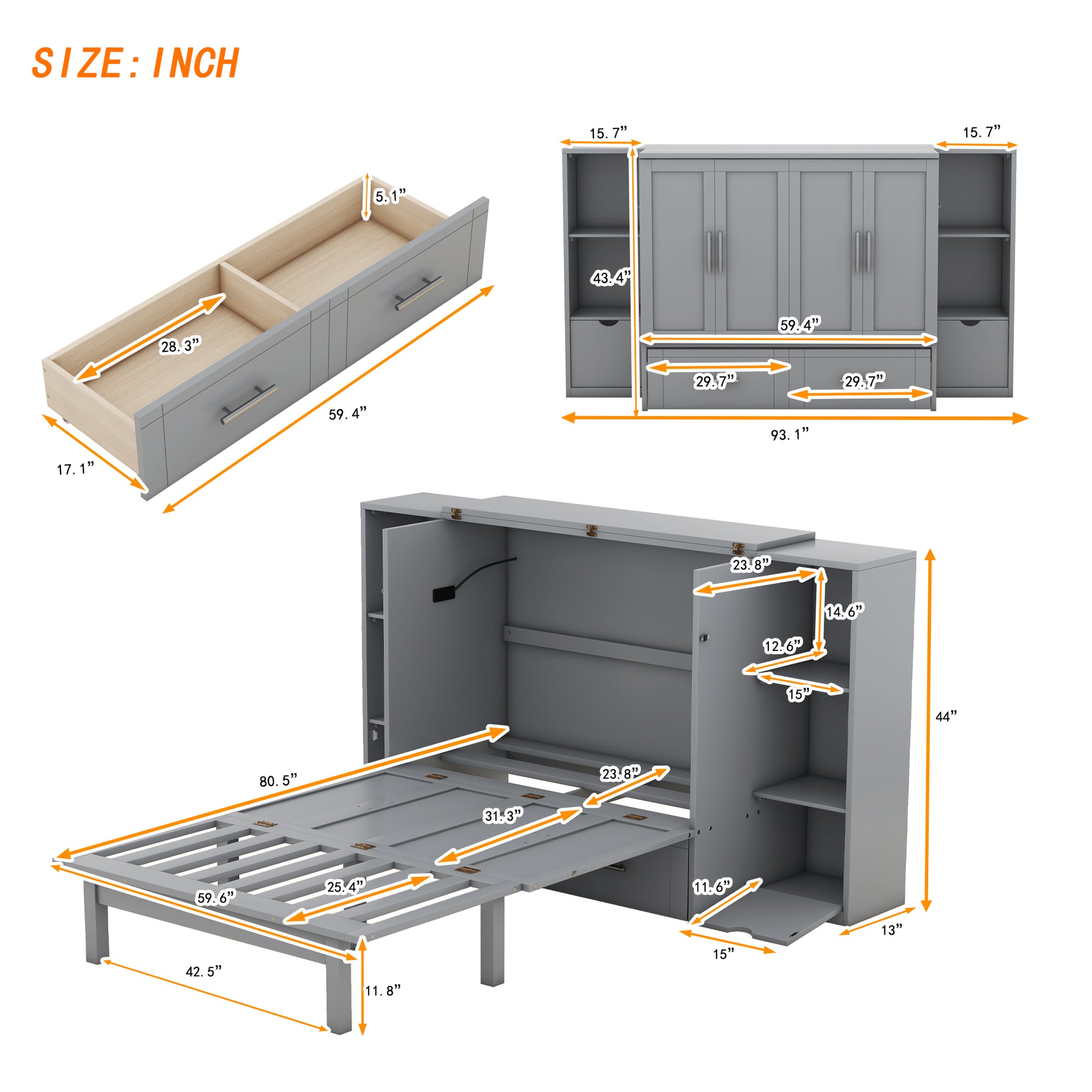 Gray murphy bed with integrated drawers and shelves