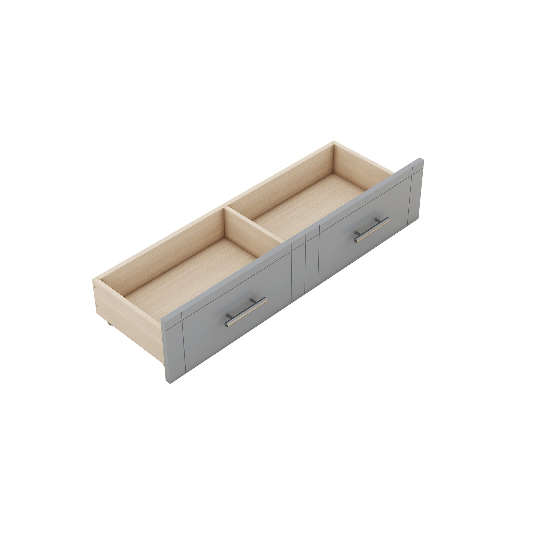 Gray twodrawer cabinet with brushed nickel handles and natural wood interior