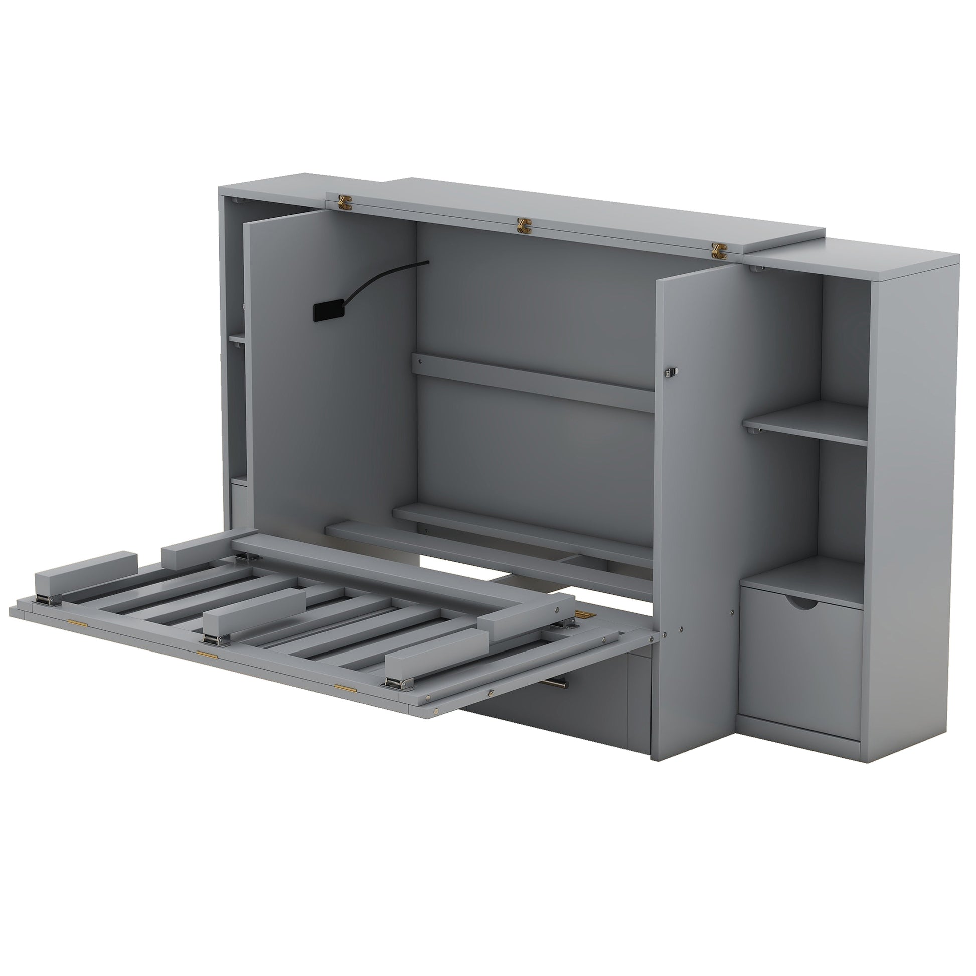 Grey wall bed with open slats and storage cabinet
