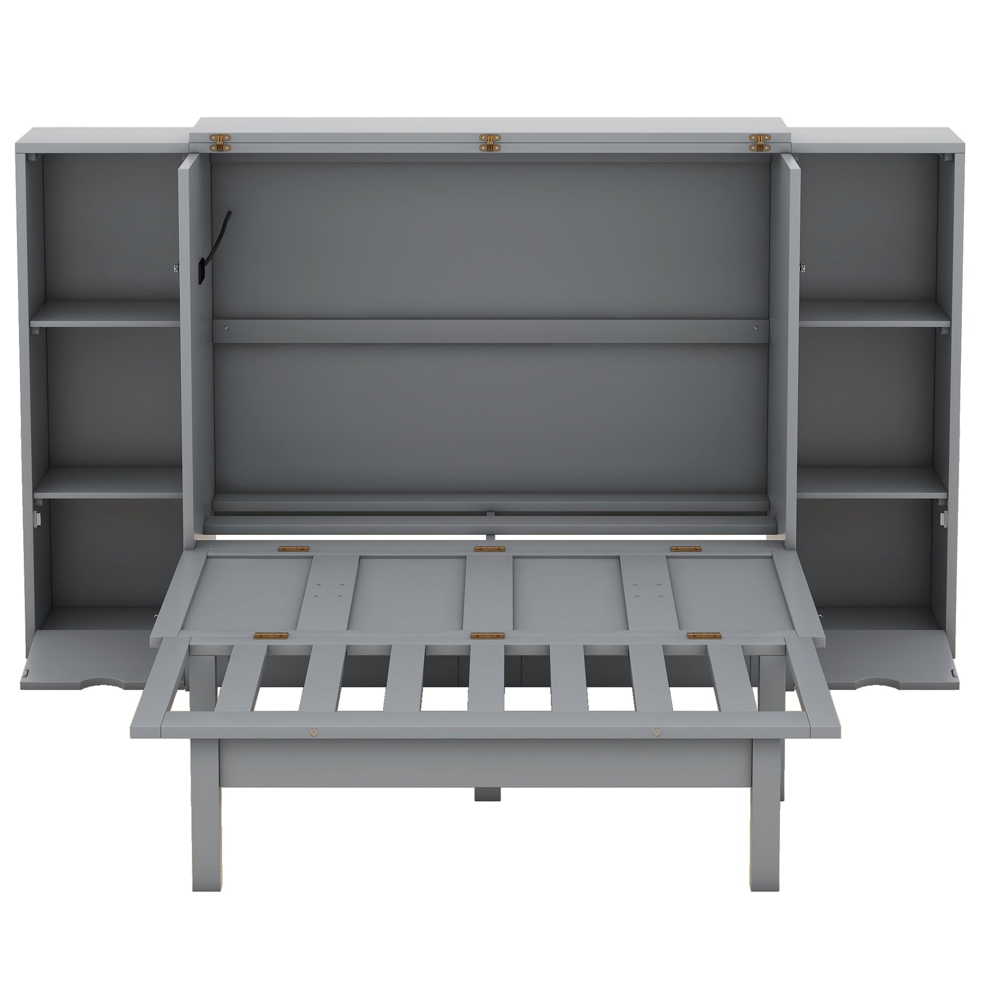 Gray murphy bed cabinet with open front revealing a pulldown bed frame
