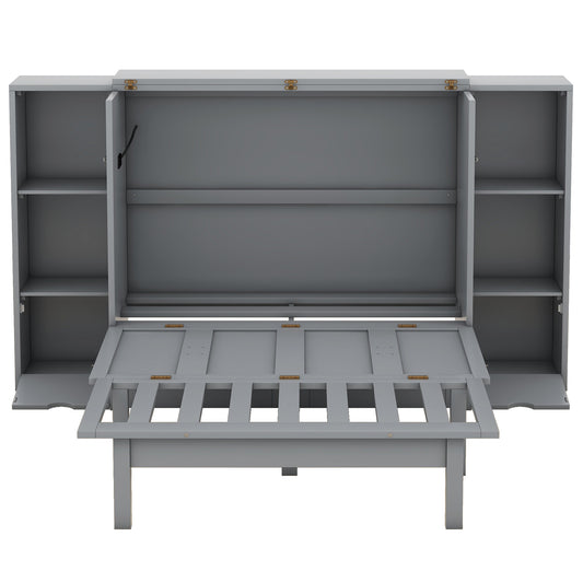 Gray murphy bed cabinet with open front revealing a pulldown bed frame