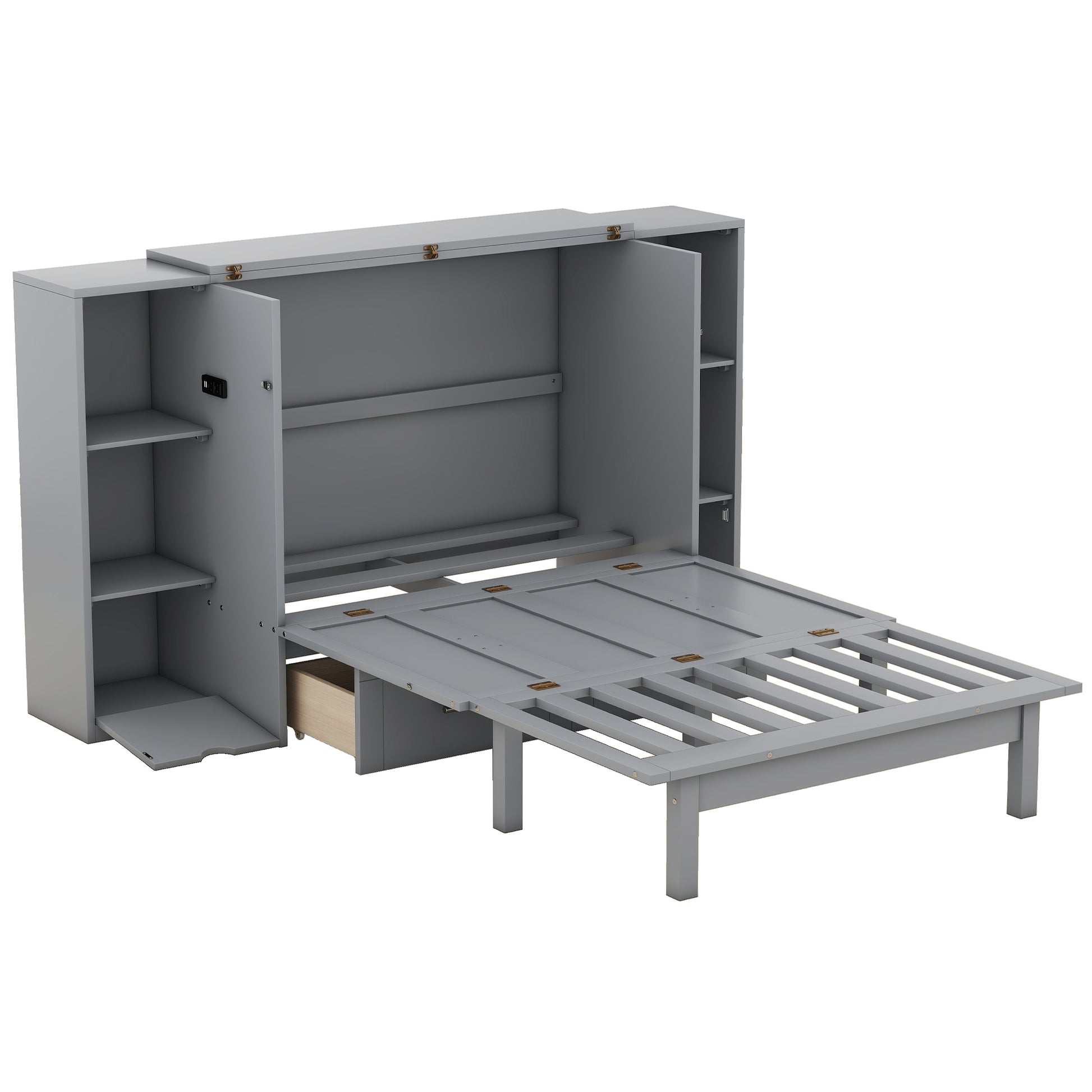 Gray murphy bed with integrated shelving and pullout desk surface