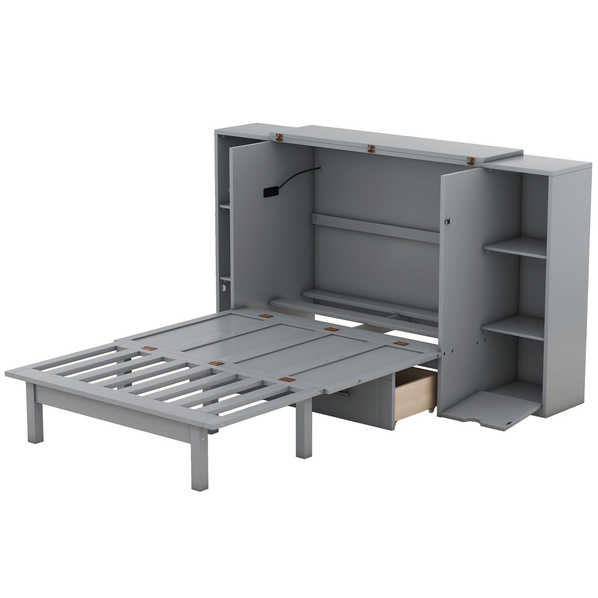 Gray Murphy bed in an open position with a slatted frame