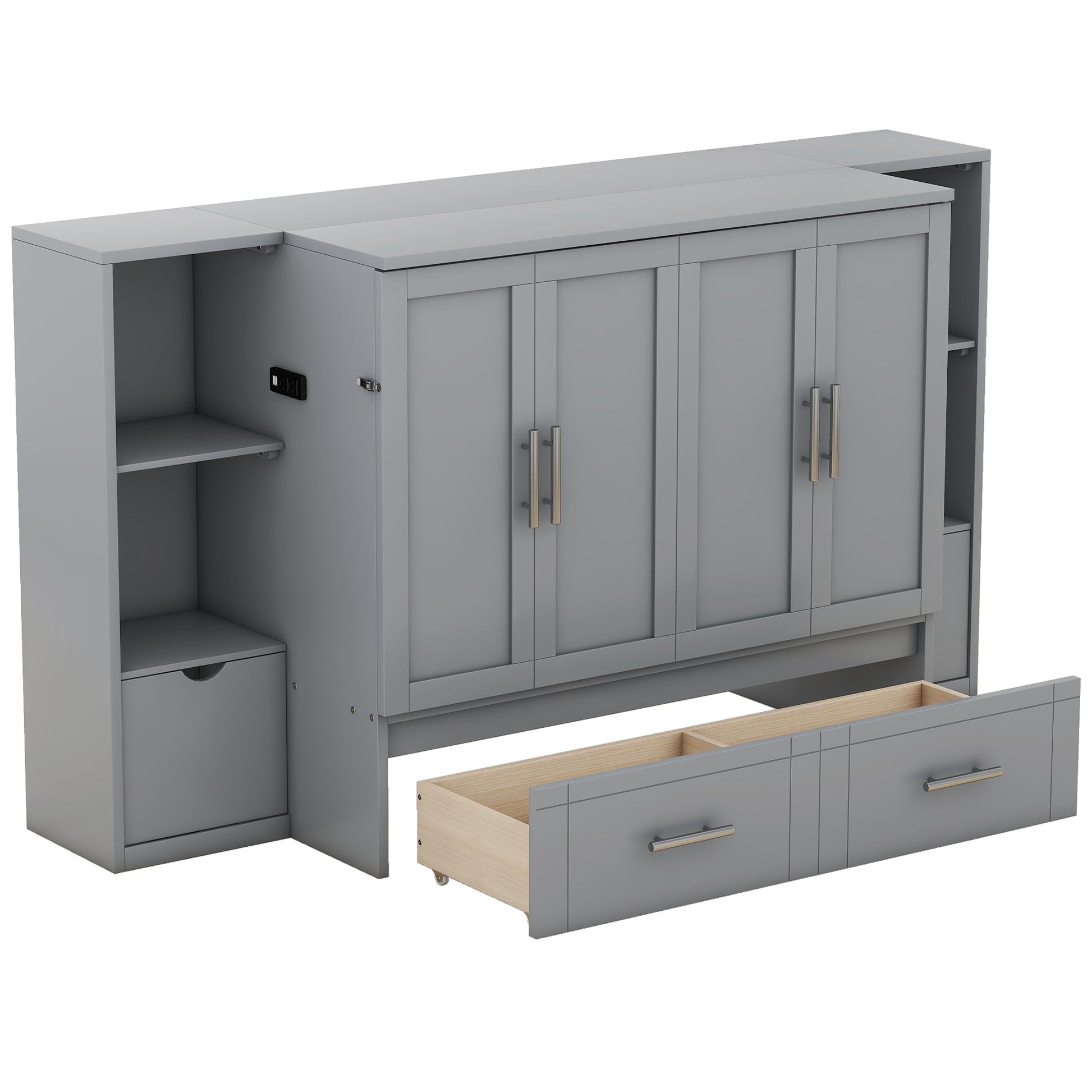 Gray Murphy bed cabinet with four doors and integrated shelving