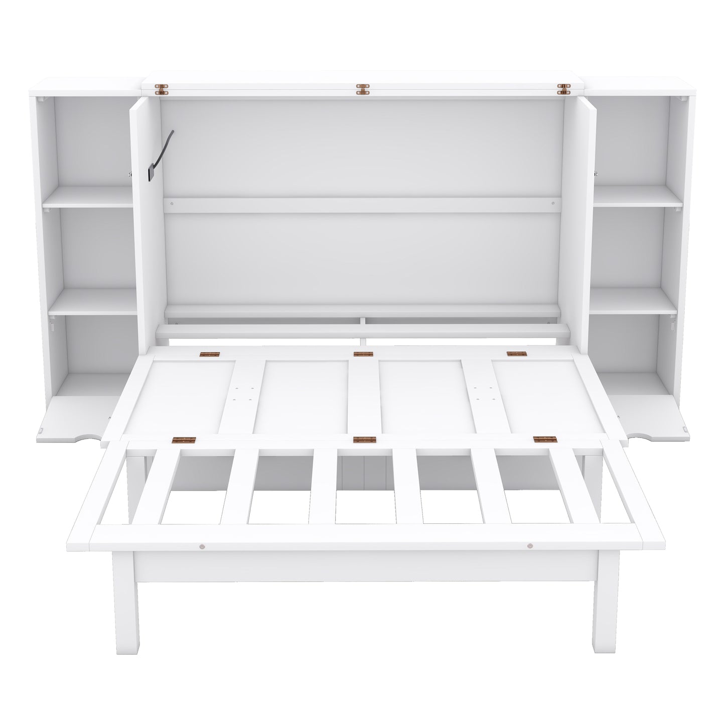 White Murphy bed with open cabinets and mattress support visible