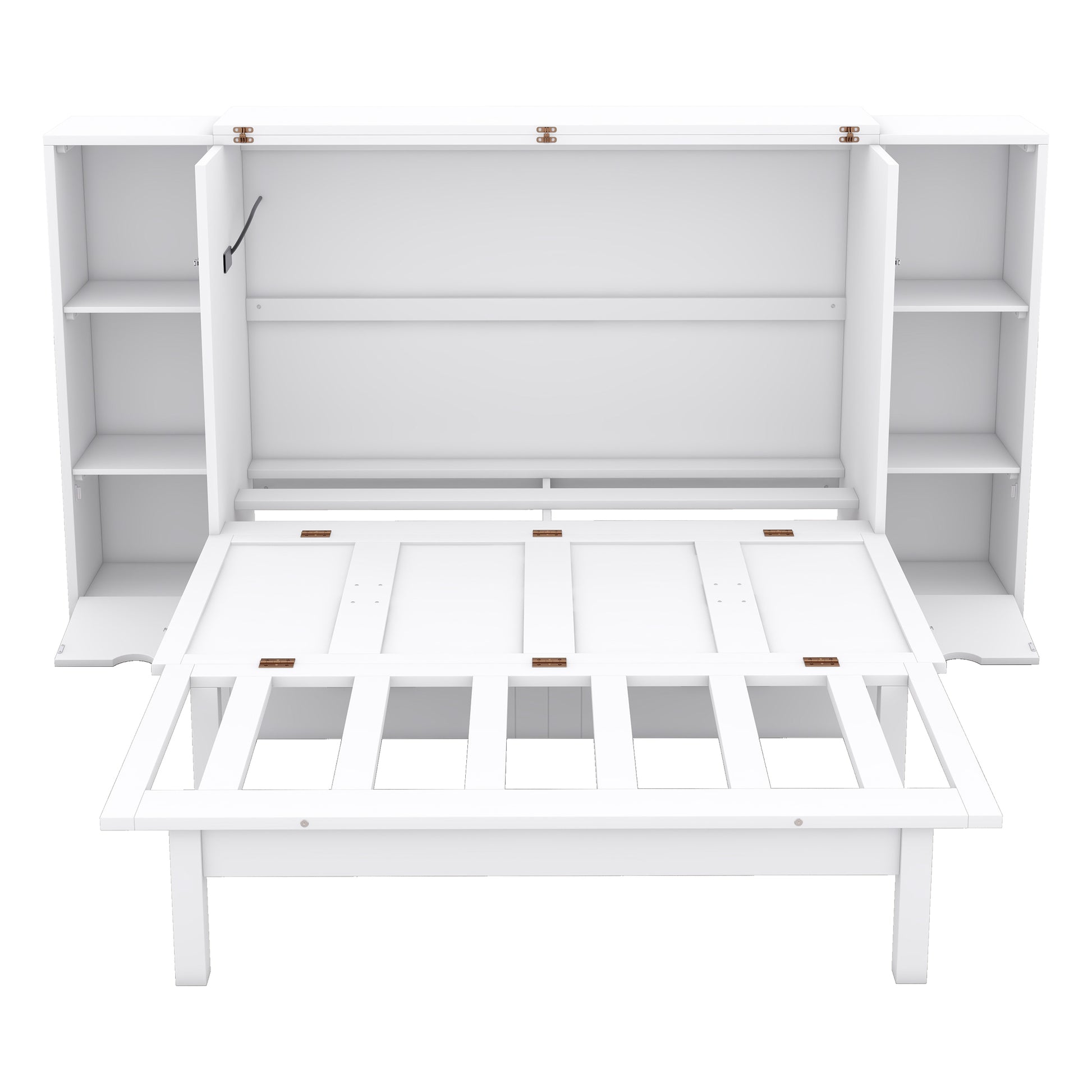 White Murphy bed with open cabinets and mattress support visible