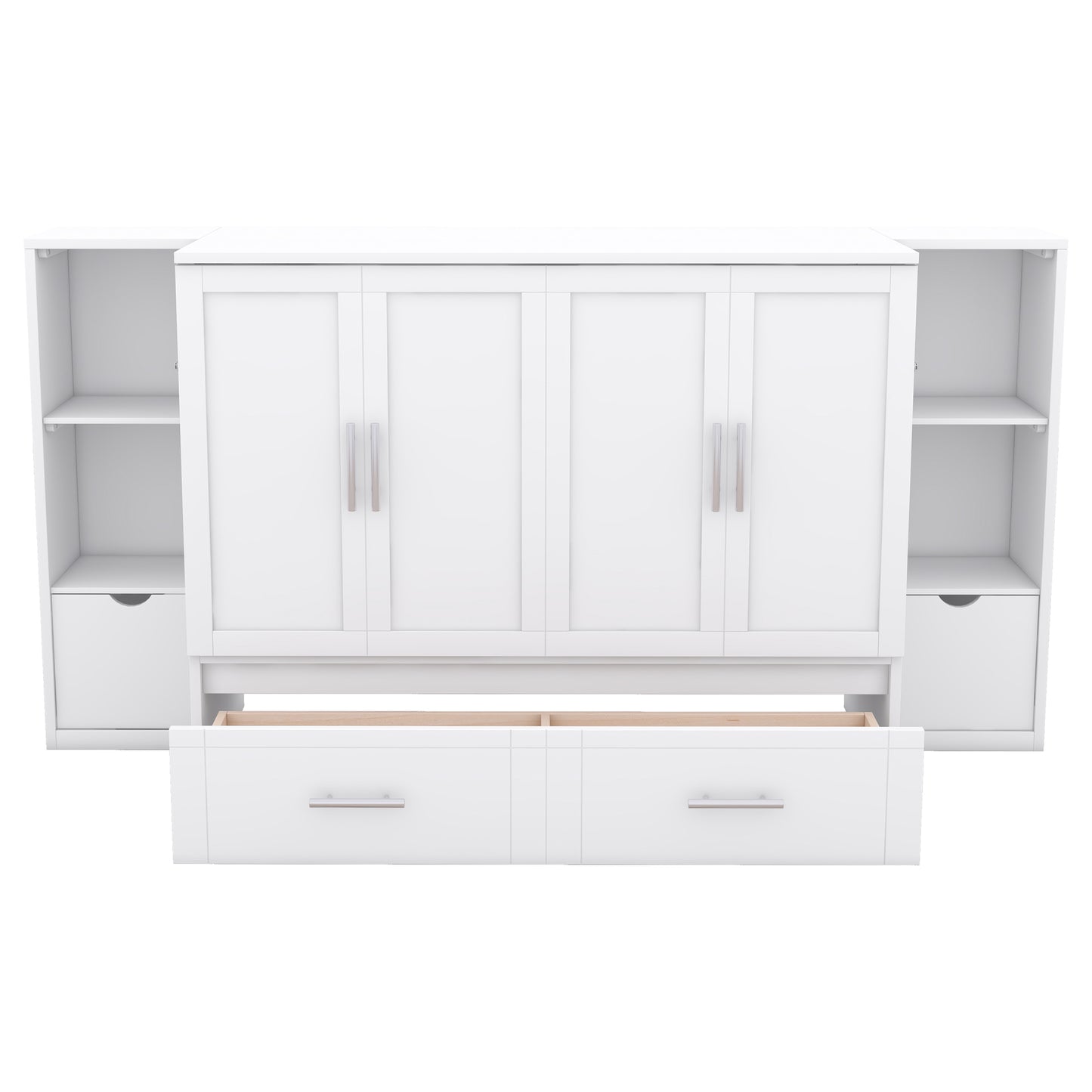 White modern Murphy bed with open drawer and shelving units