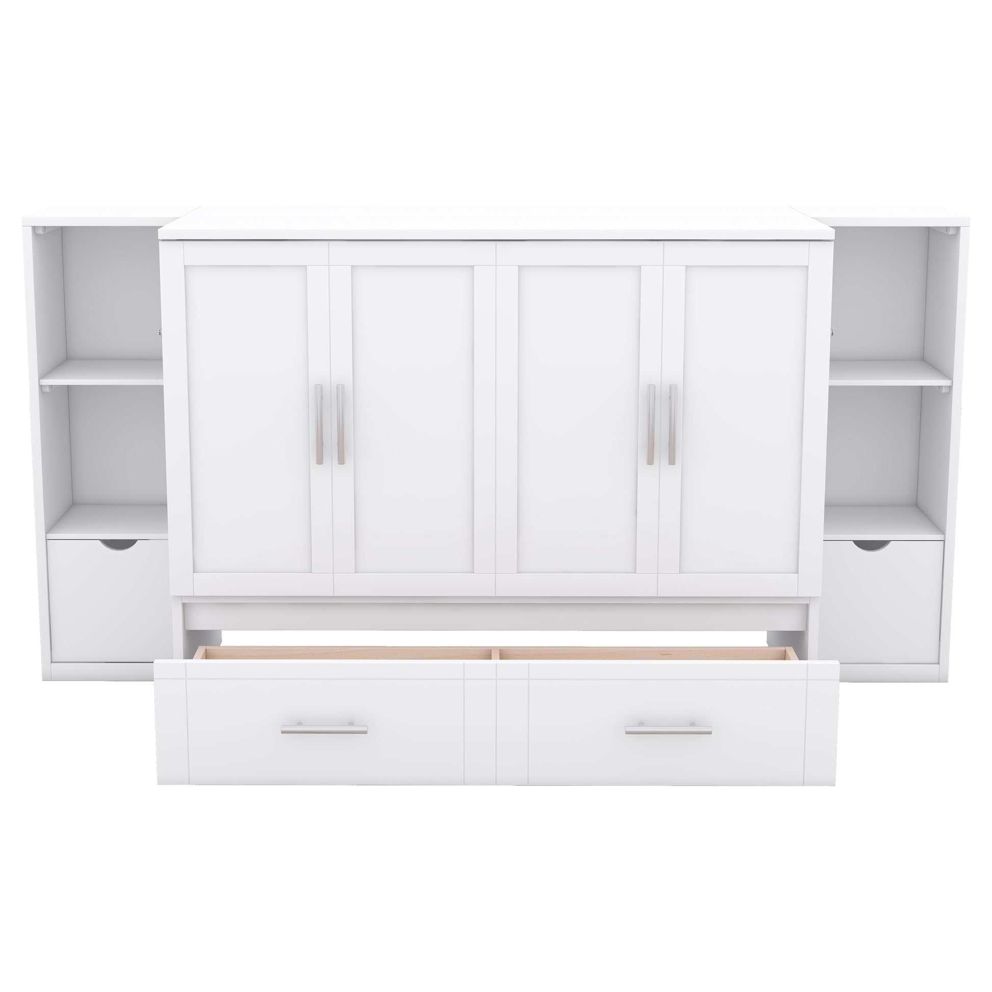 White modern Murphy bed with open drawer and shelving units