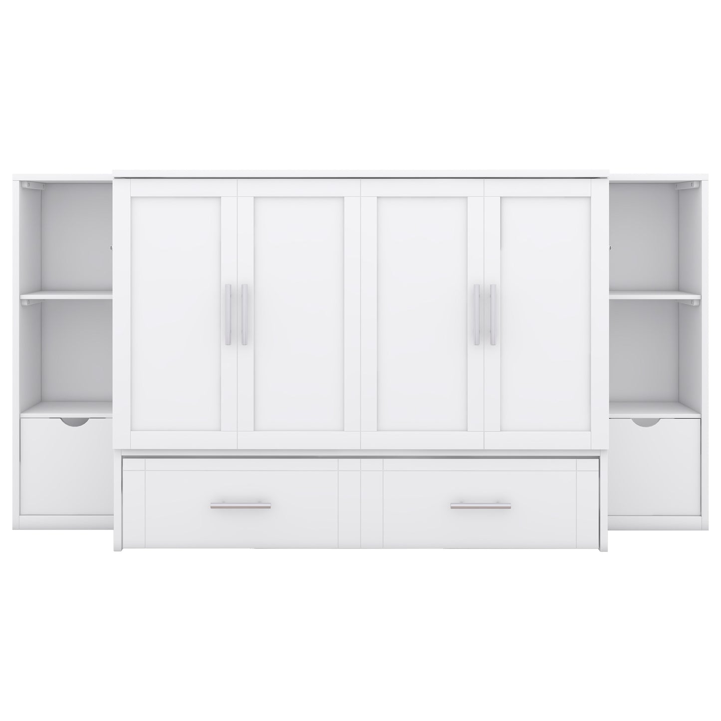 White Murphy bed with cabinet storage and drawers