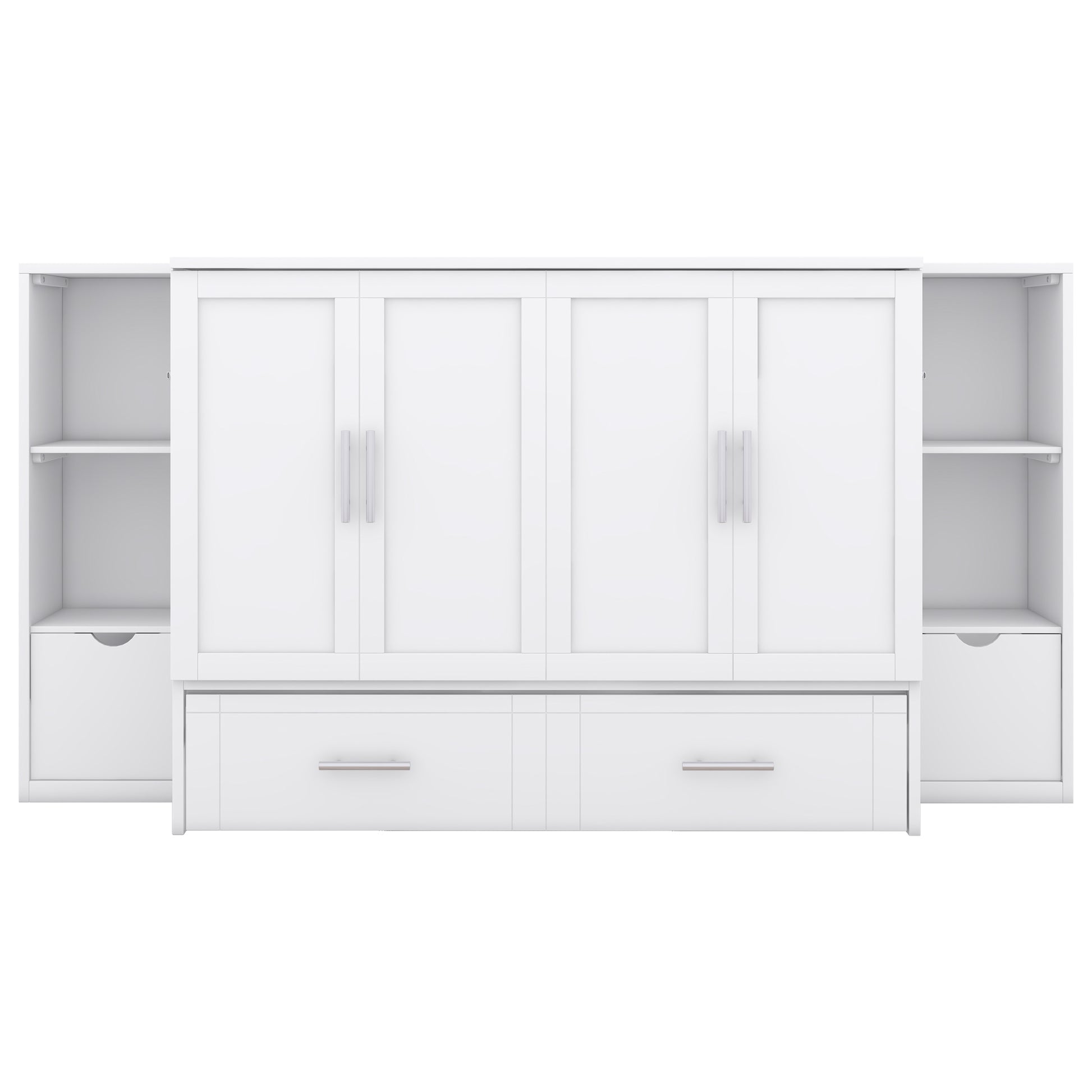 White Murphy bed with cabinet storage and drawers