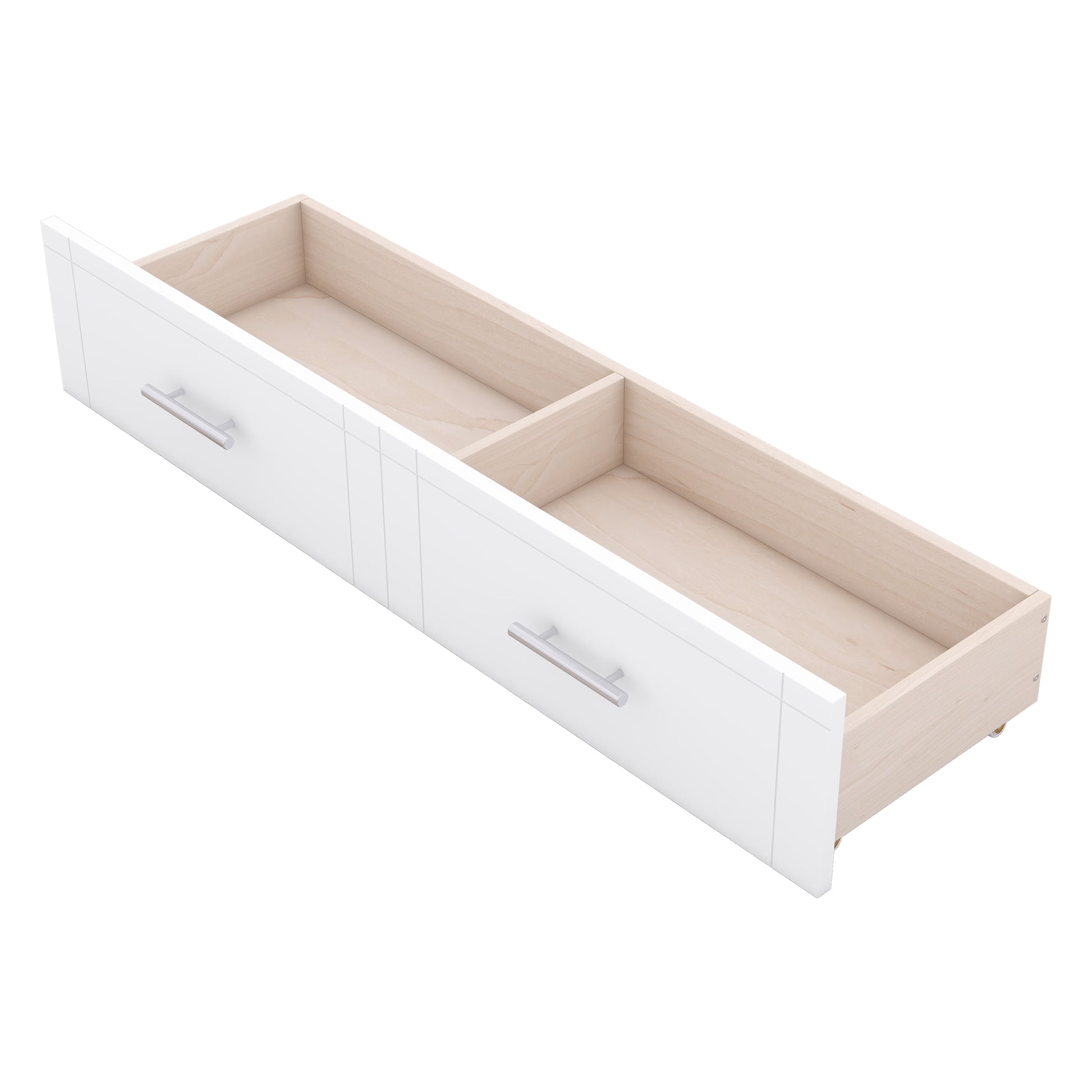 White modern drawer with two silver handles and divided interior