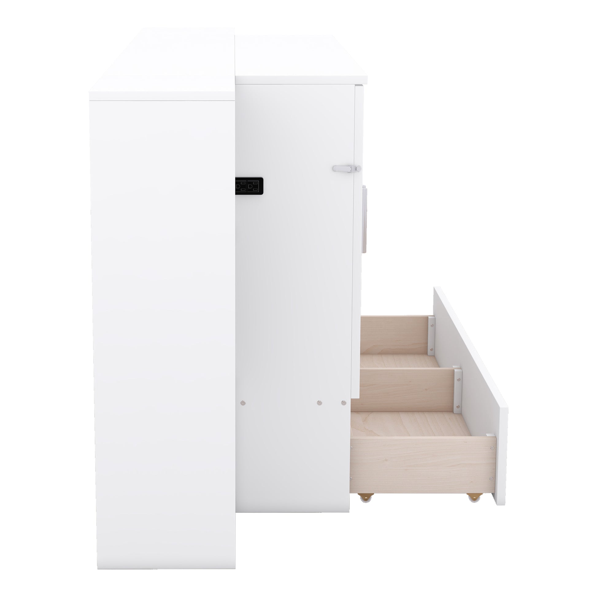 White modern dresser with three open wooden drawers and integrated power outlets on side