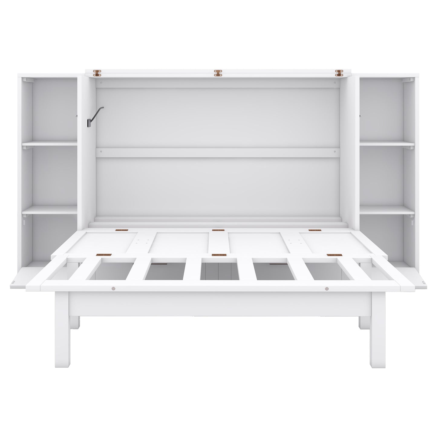 White murphy bed frame with open shelving on sides