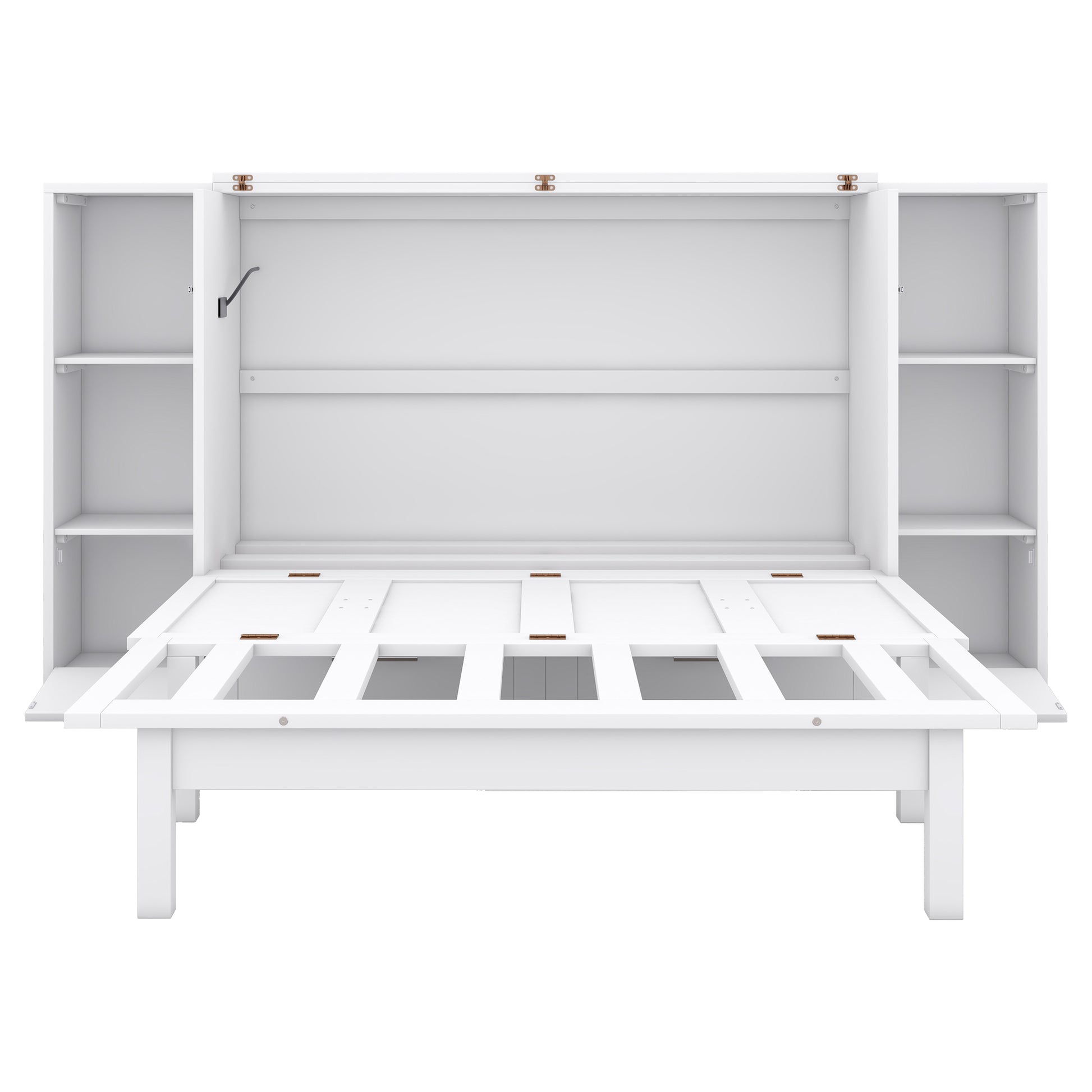 White murphy bed frame with open shelving on sides