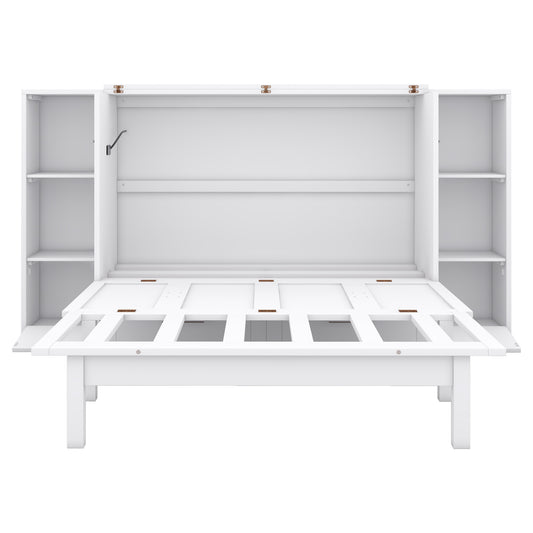 White murphy bed frame with open shelving on sides