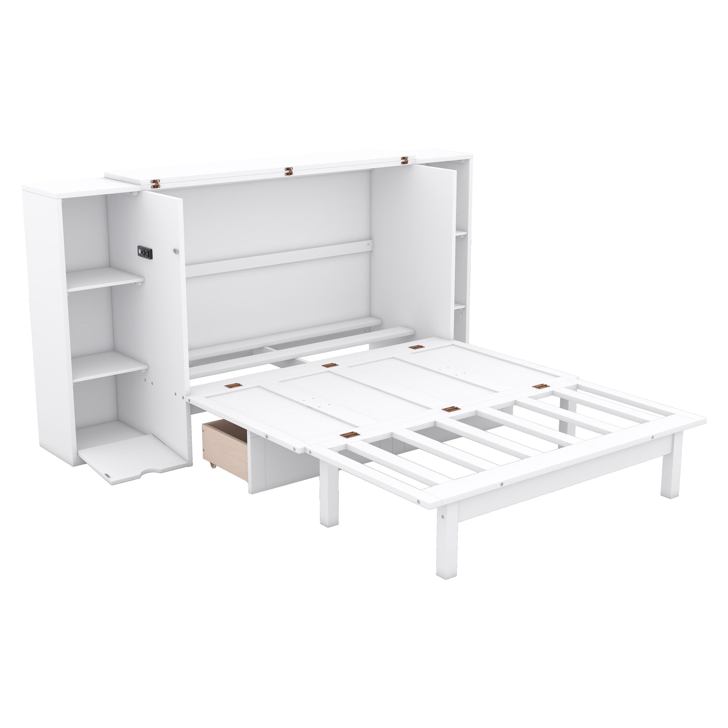 White Murphy bed with open shelves and integrated power outlet