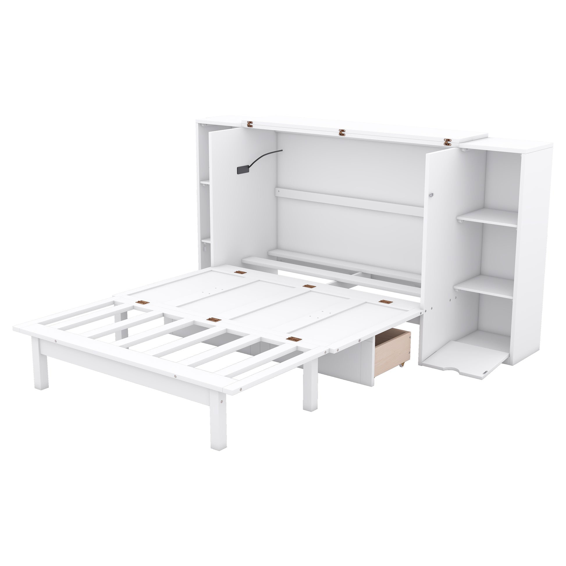 White wall bed with integrated shelving and pullout desk