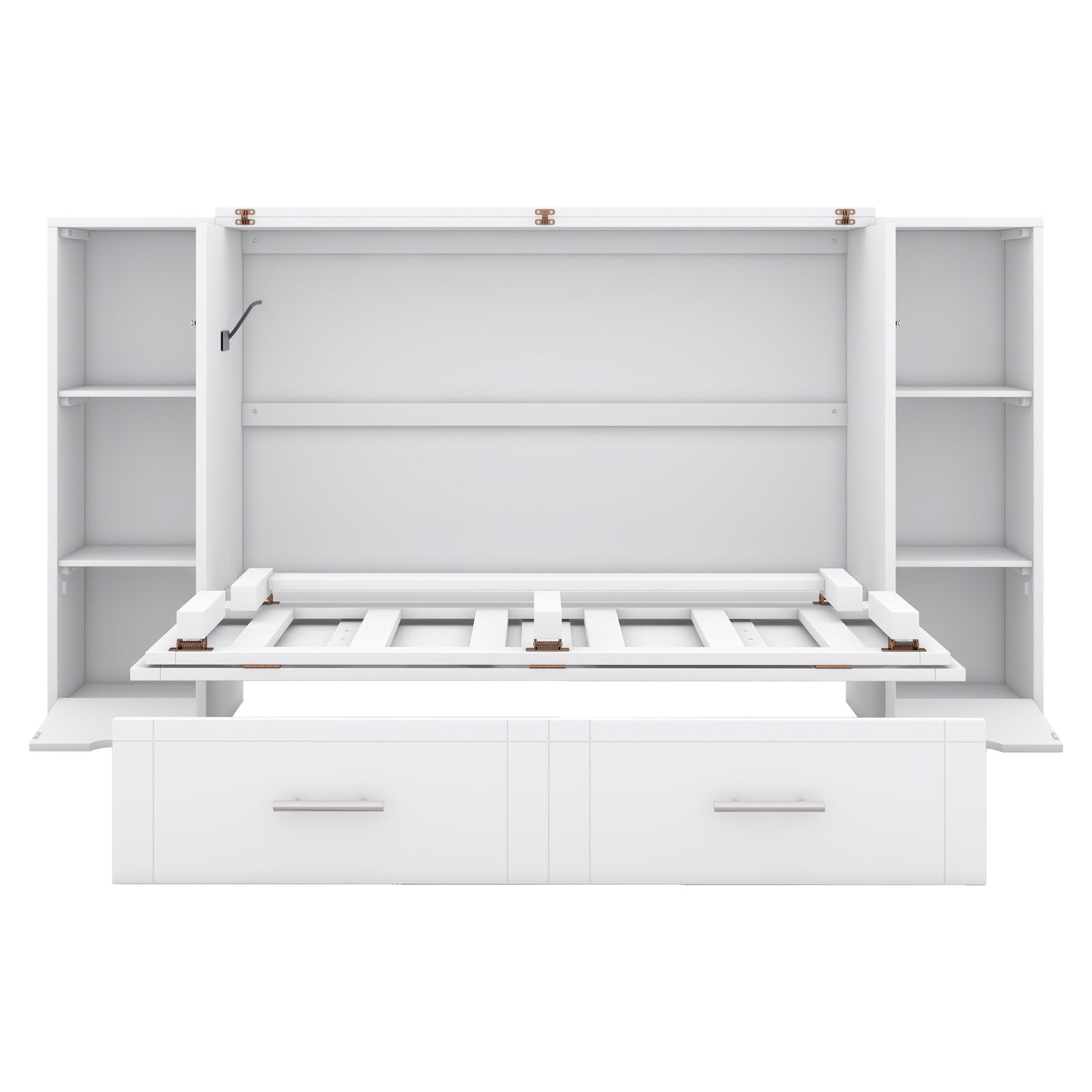 White wall bed with open drawers and side shelves