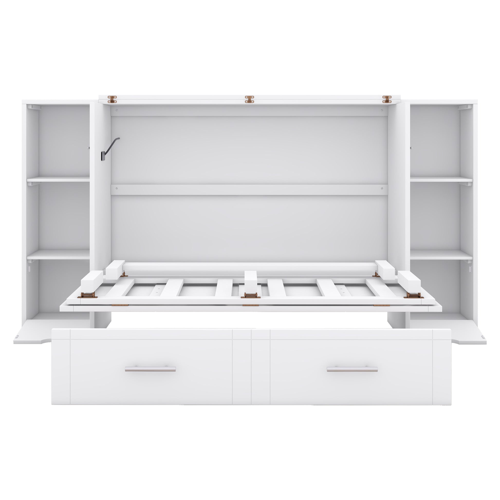 White wall bed with open drawers and side shelves