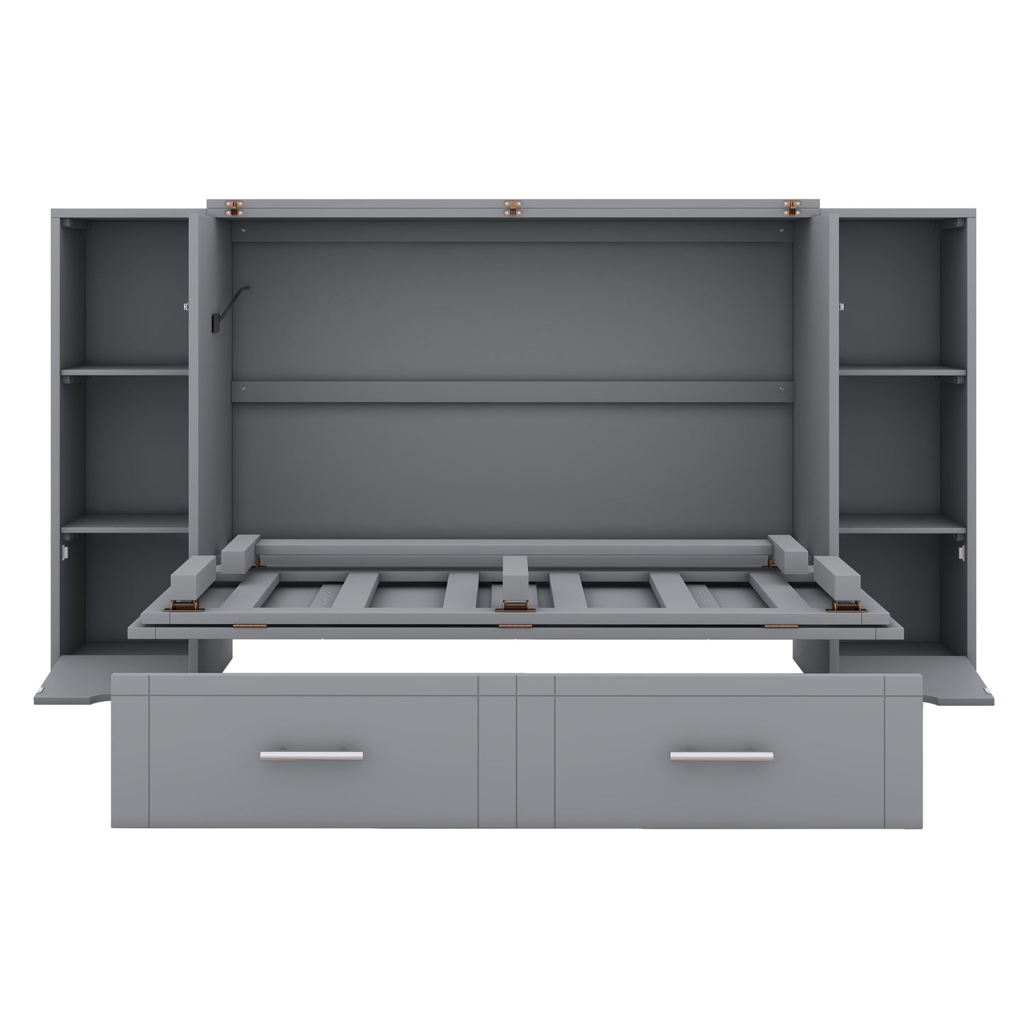Gray Murphy bed with open storage shelves and two drawers