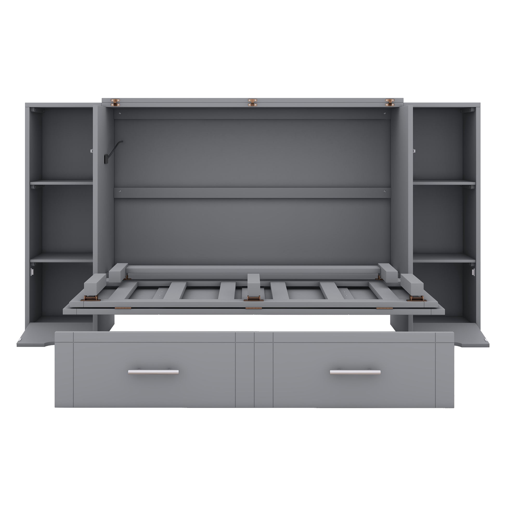 Gray Murphy bed with open storage shelves and two drawers