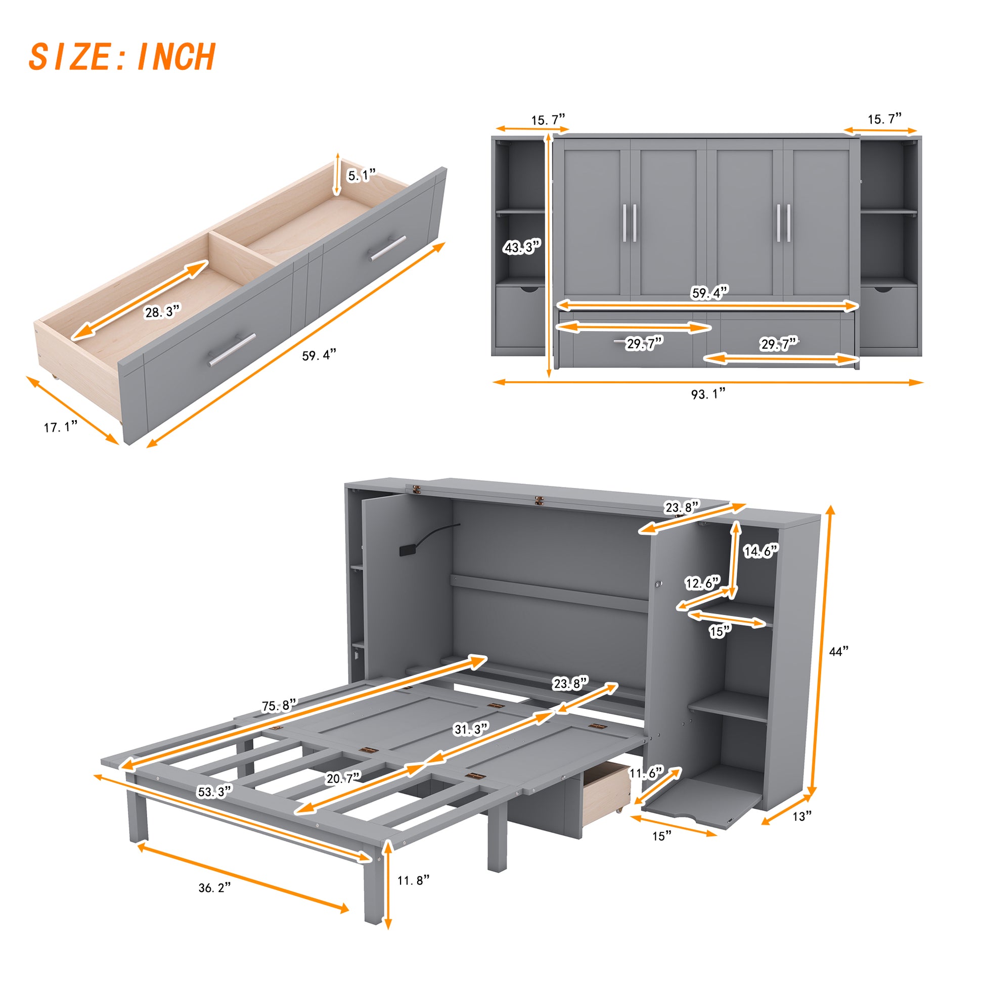 Gray murphy bed frame extended with dimensions