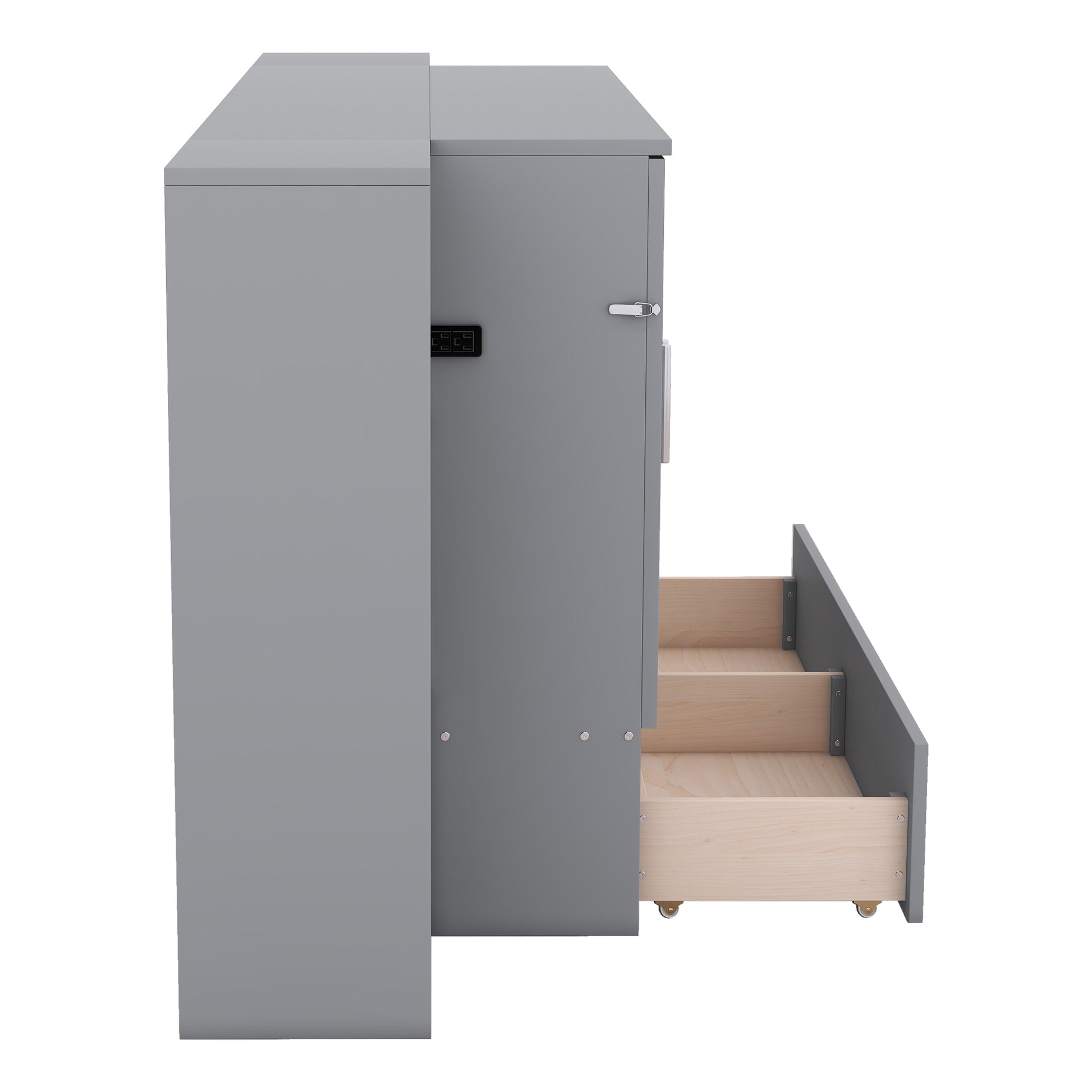 Gray bedside table with integrated digital lock and exposed wooden drawers
