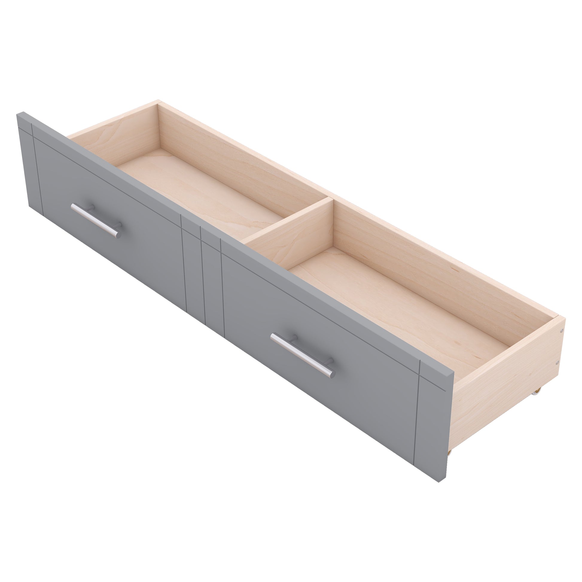 Gray double drawer with wooden interior and silver handles