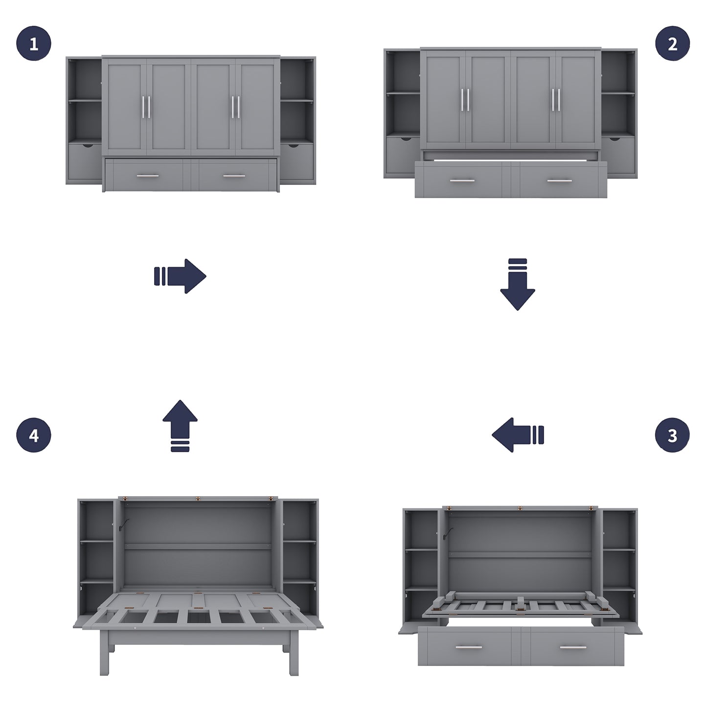 Gray murphy bed cabinet closed with side shelving units