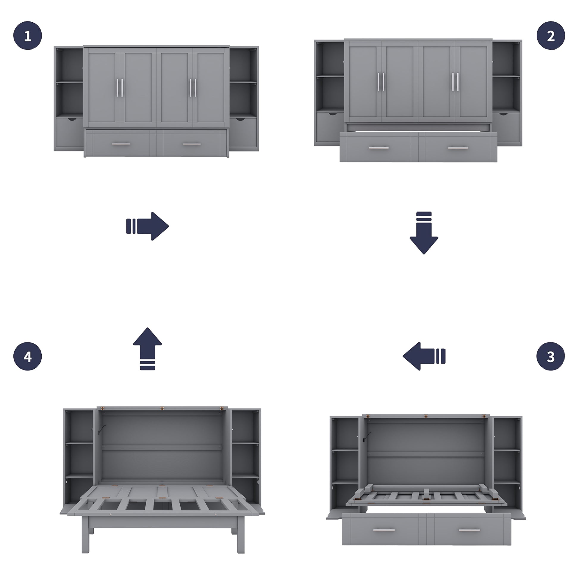 Gray murphy bed cabinet closed with side shelving units