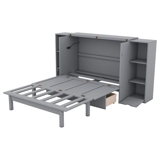 Gray murphy bed with open mattress support and side shelving