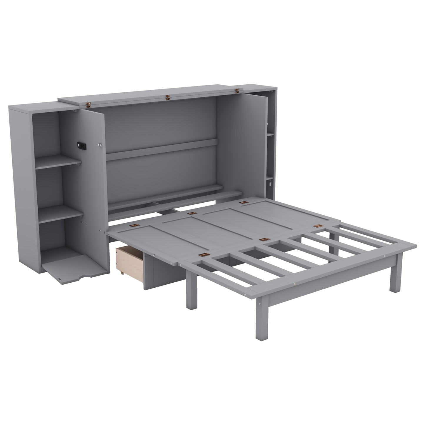 Gray murphy bed with open storage shelves and integrated drawer pulled out