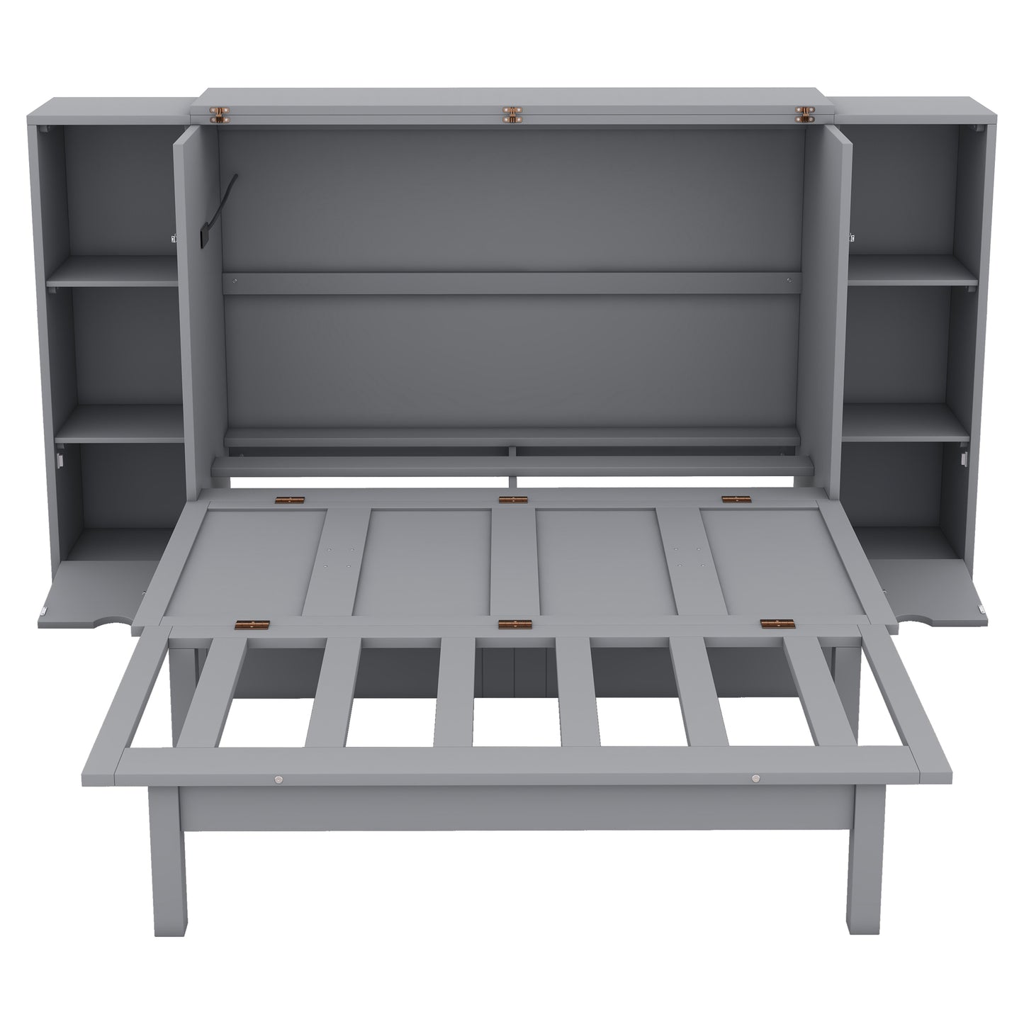 Gray murphy bed frame with open shelves and lowered bed platform