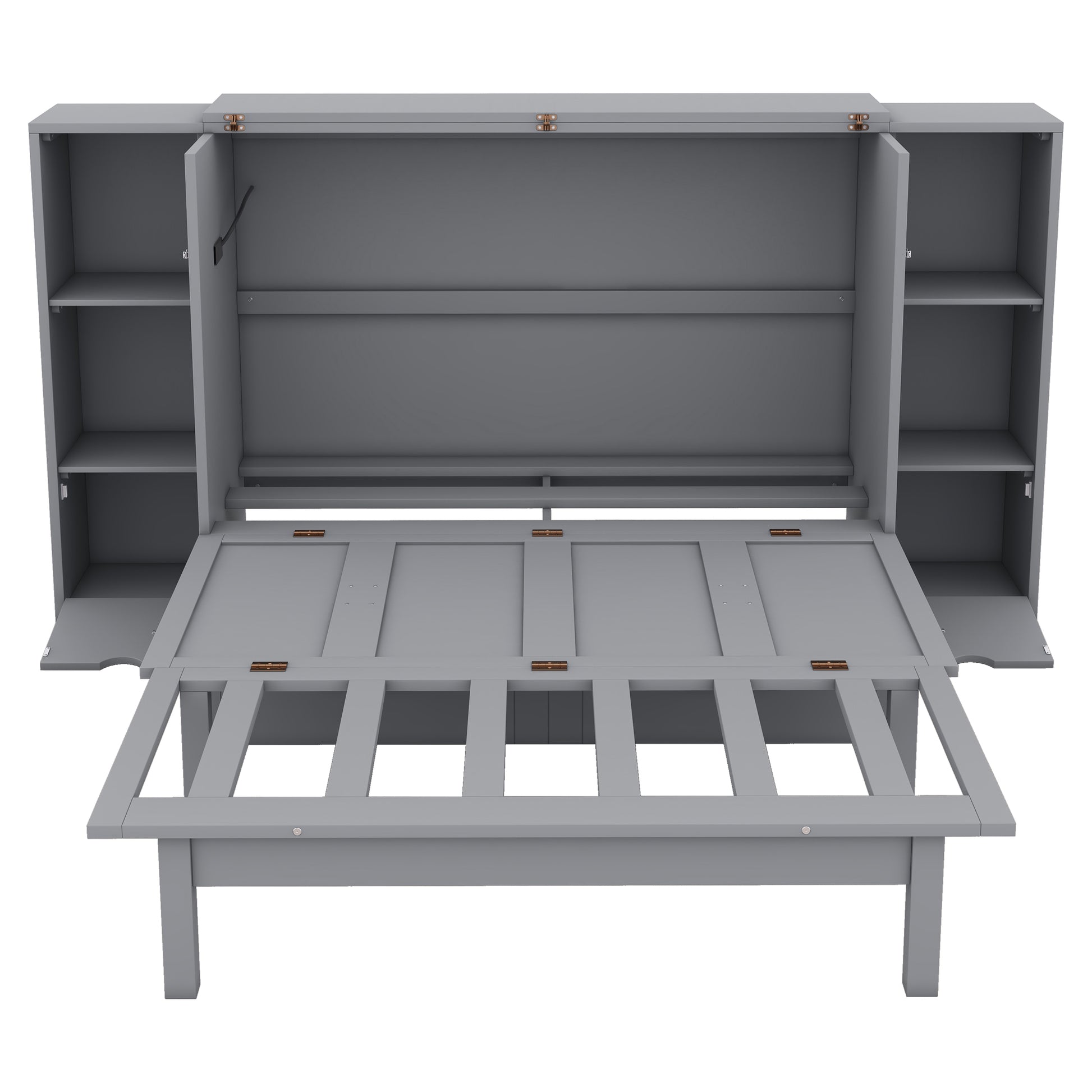 Gray murphy bed frame with open shelves and lowered bed platform