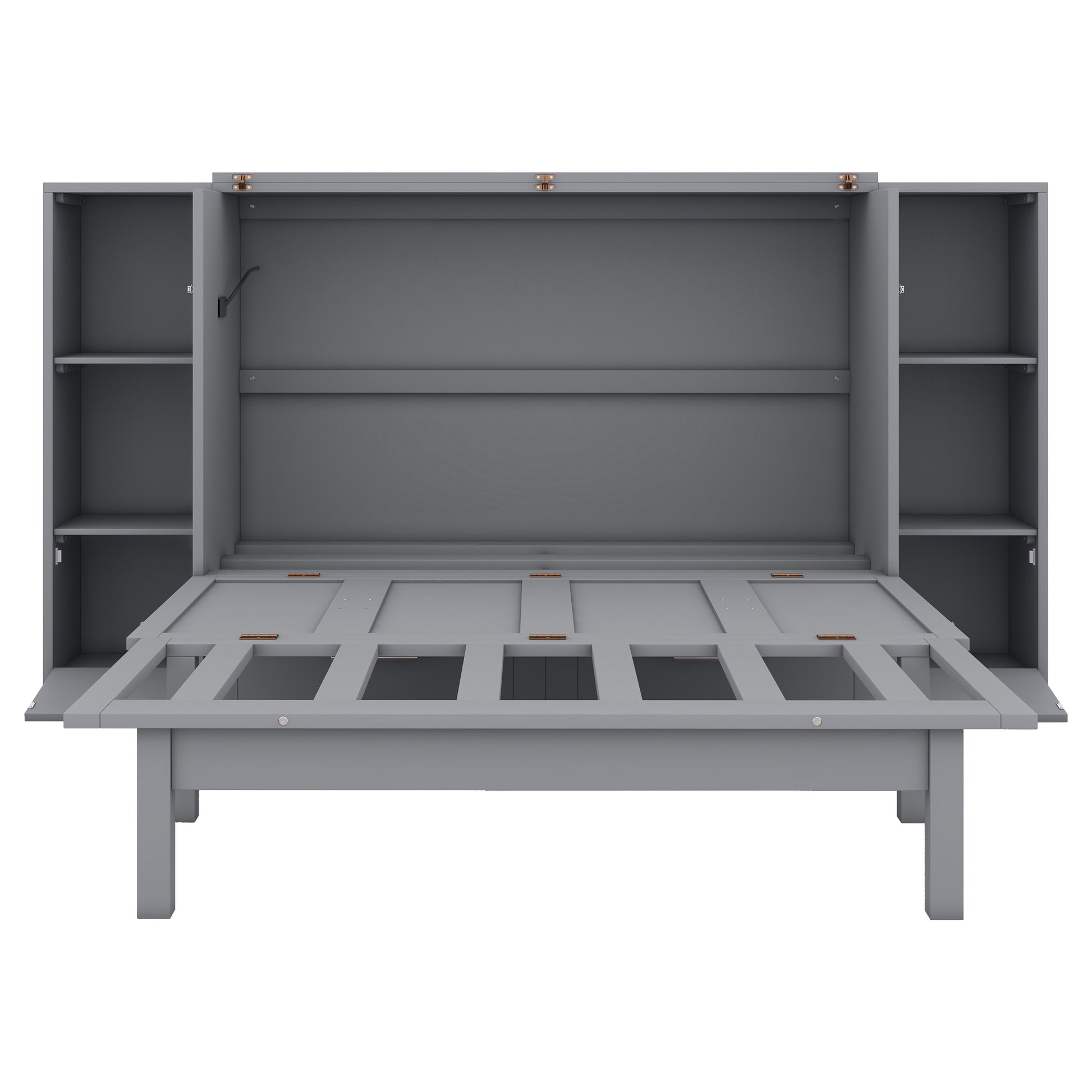 Gray murphy bed cabinet with open folding desk and side shelves
