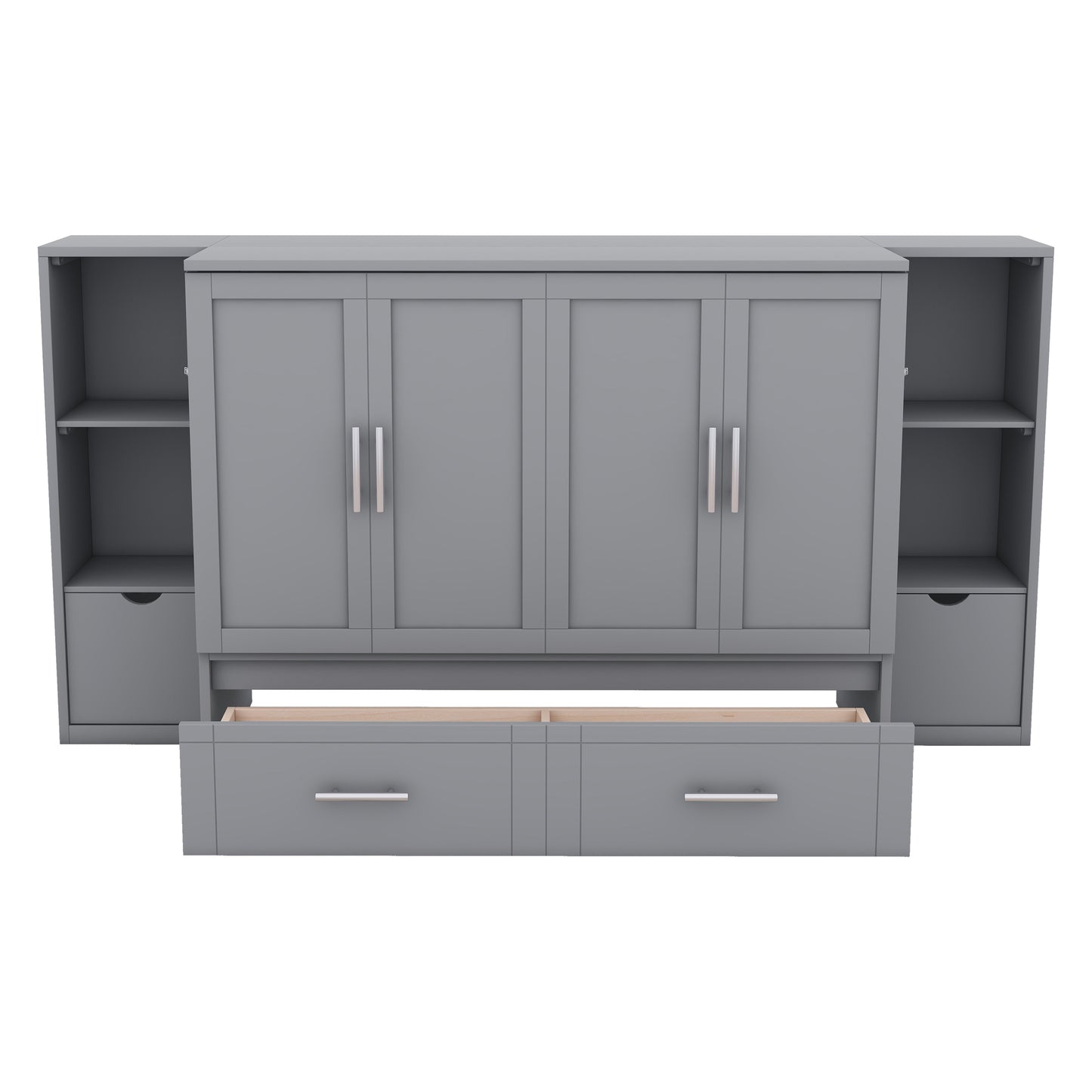 Gray wall bed unit with cabinets and drawers