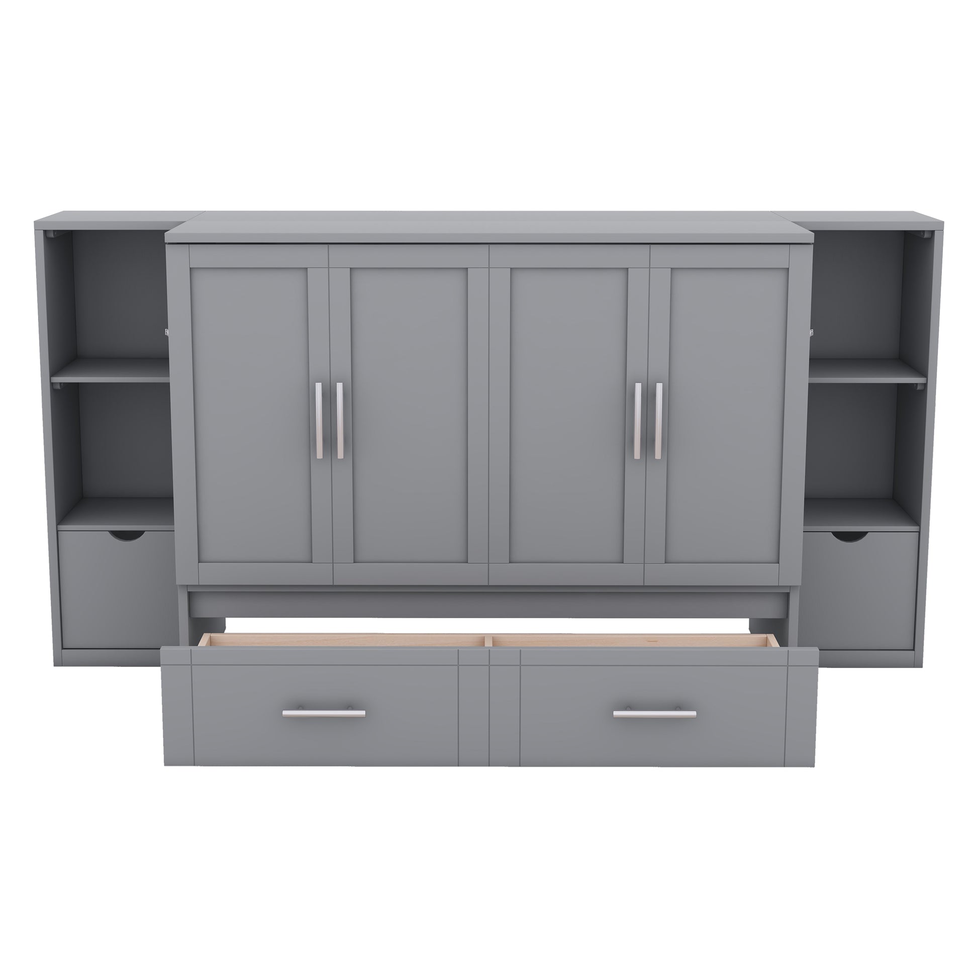 Gray wall bed unit with cabinets and drawers