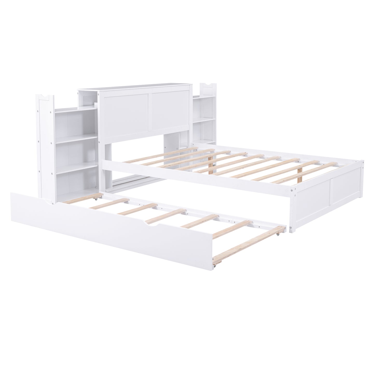White wooden daybed with pullout trundle and integrated shelving
