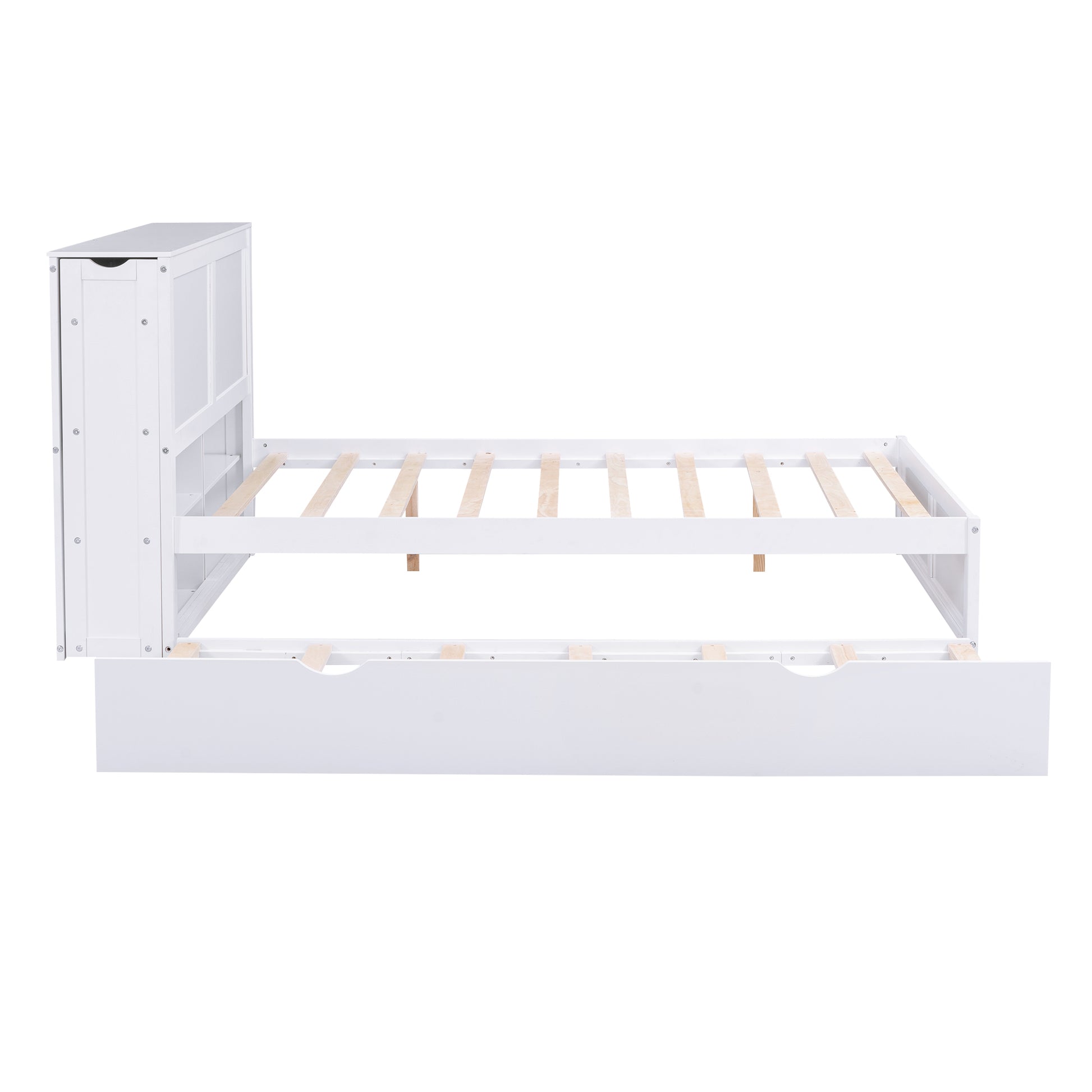 White wooden bunk bed frame with pullout trundle