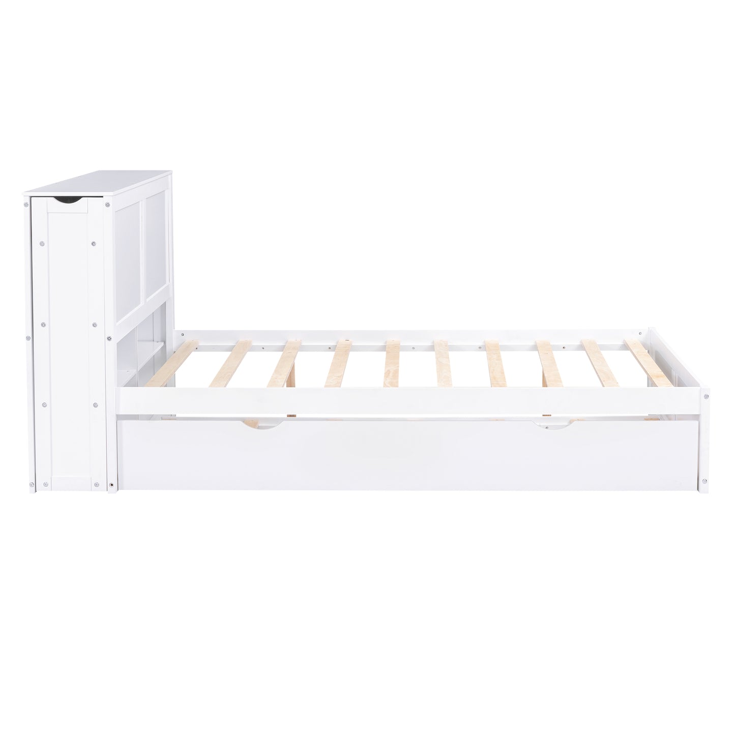 White wooden daybed with a trundle drawer and builtin headboard storage unit for a childs room