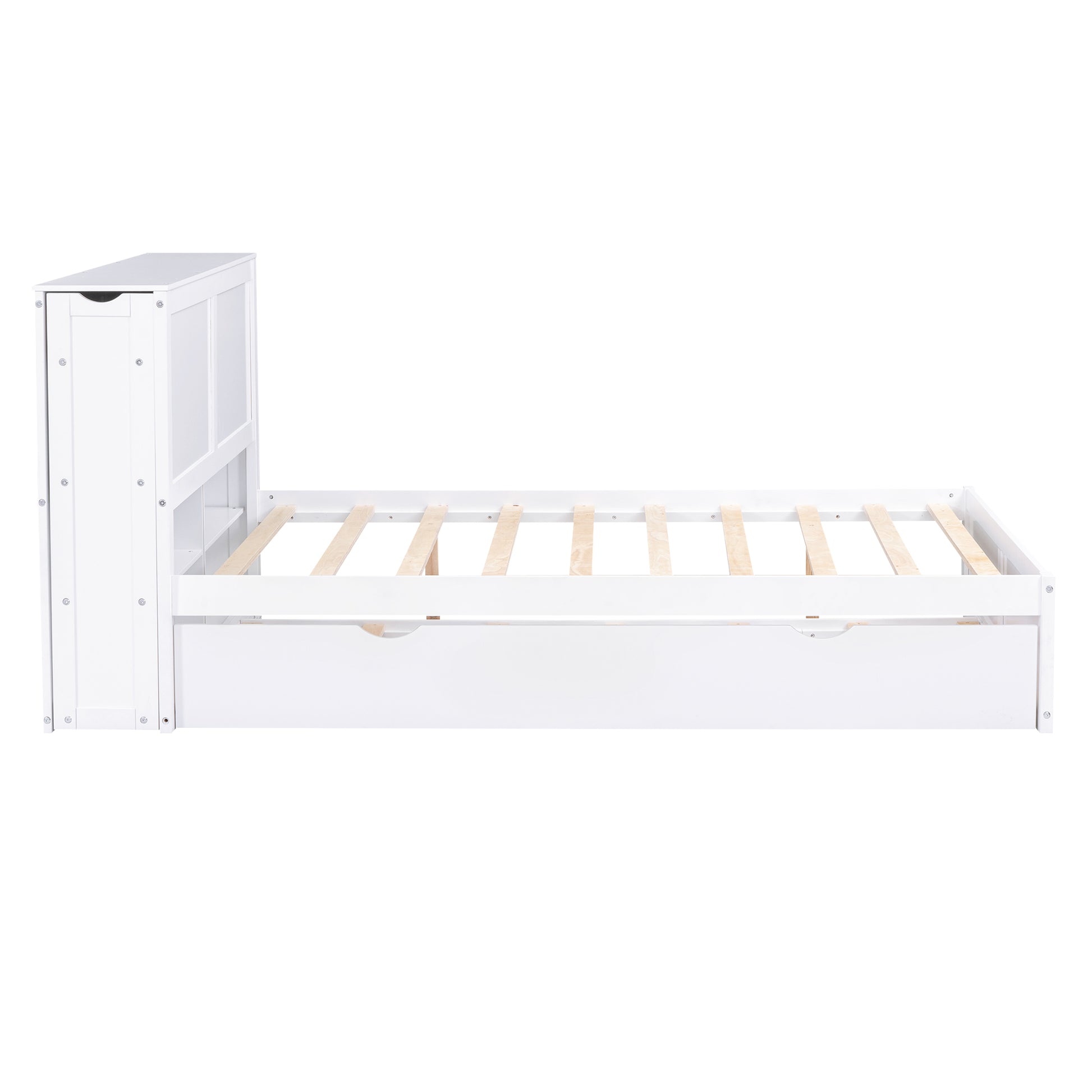 White wooden daybed with a trundle drawer and builtin headboard storage unit for a childs room