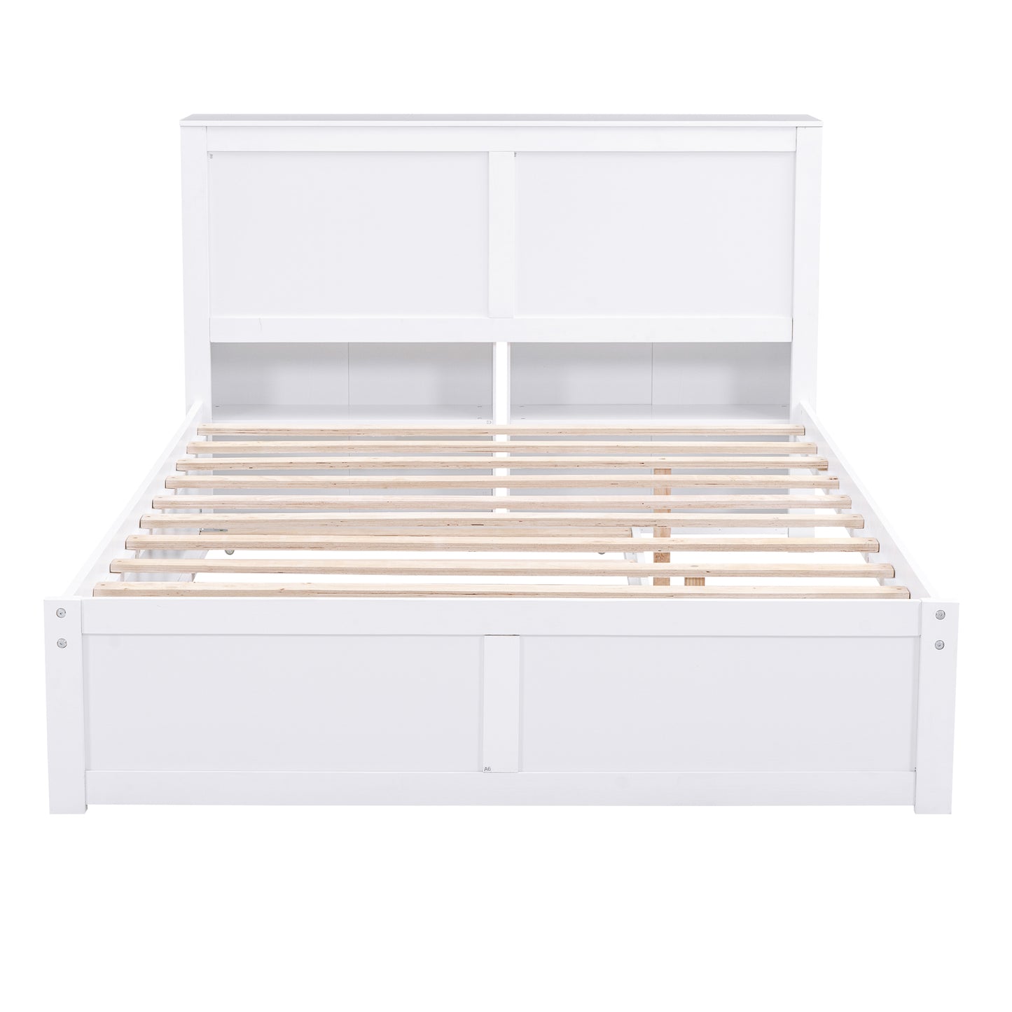 White wooden platform bed frame with builtin headboard shelving