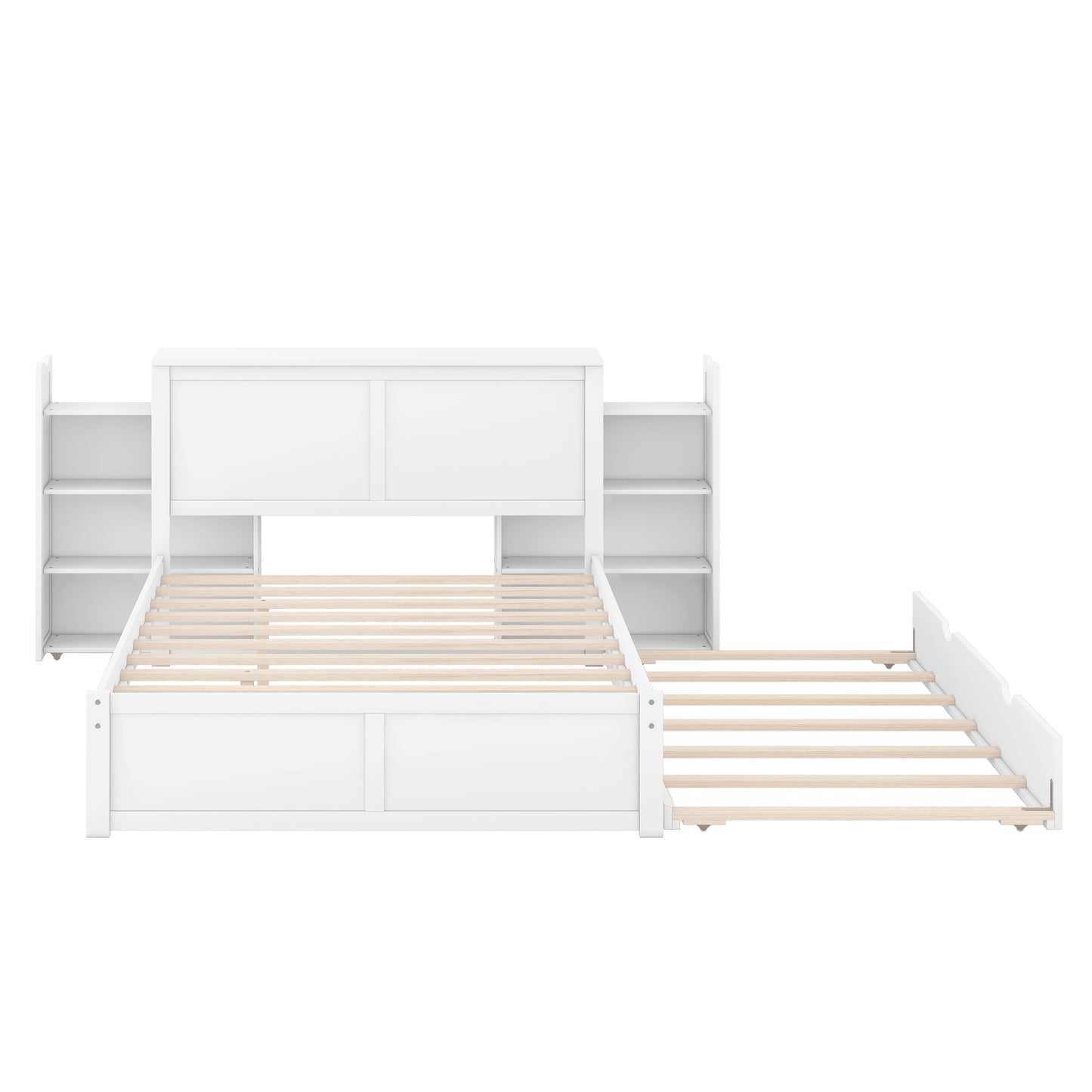 White wooden captains bed with builtin shelves and pullout trundle