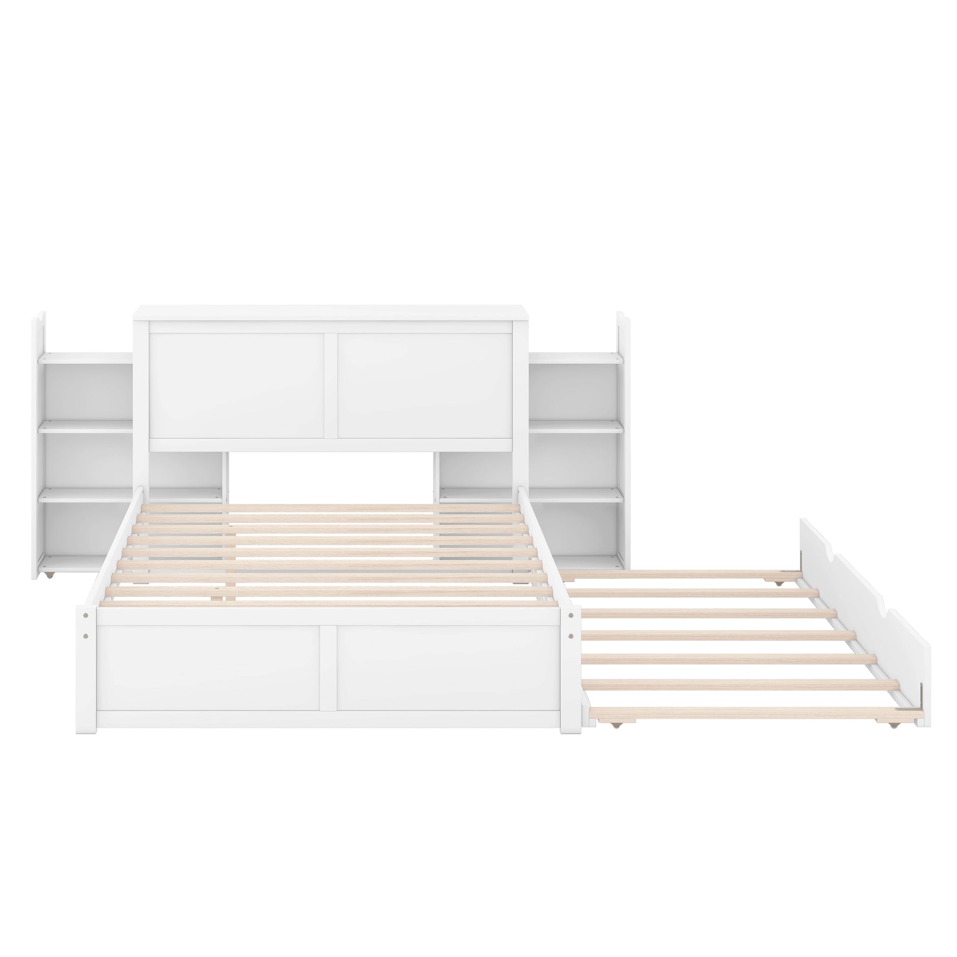White wooden captains bed with builtin shelves and pullout trundle