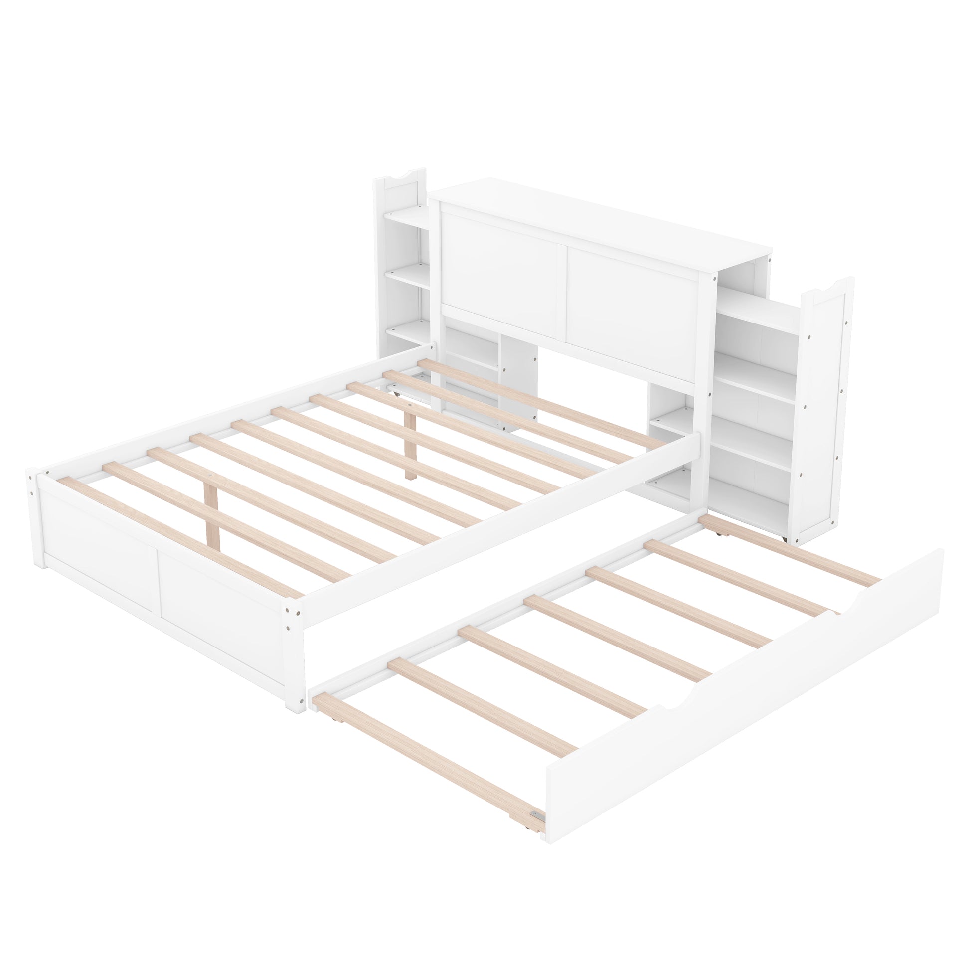 White twin bed frame with pullout trundle and builtin shelving